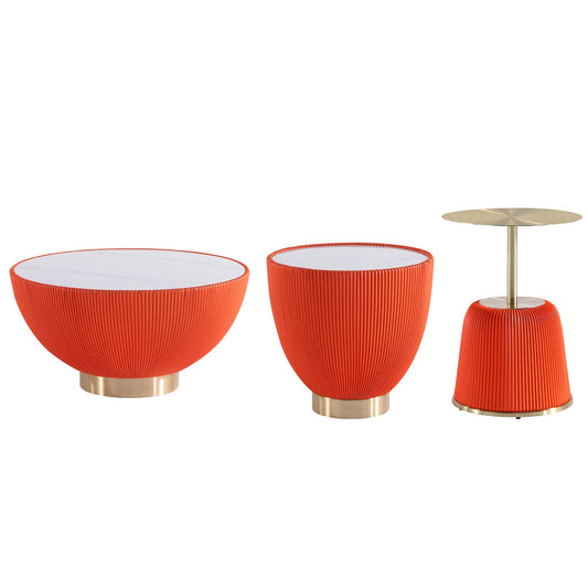 Manhattan Comfort Modern Anderson Coffee Table, End Table 1.0, and End Table 2.0 Upholstered in Orange Leatherette with Ceramic Faux Tabletop and Gold Metal Tabletop- Set of 3 3-AT01-OR
