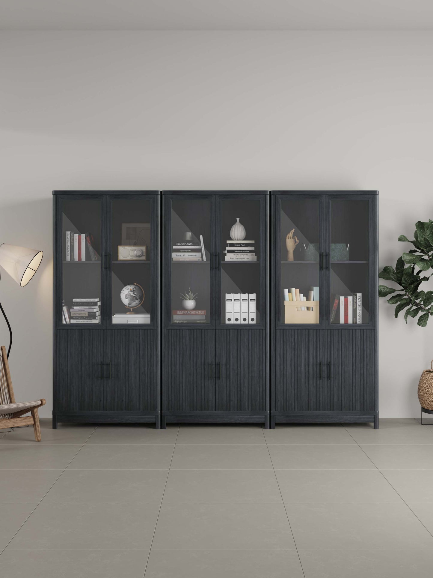 Jodie Mid-Century Modern 31" Bookcase Cabinet in Charcoal Gray (6-Shelf) - Set of 3 3-BC001-GY