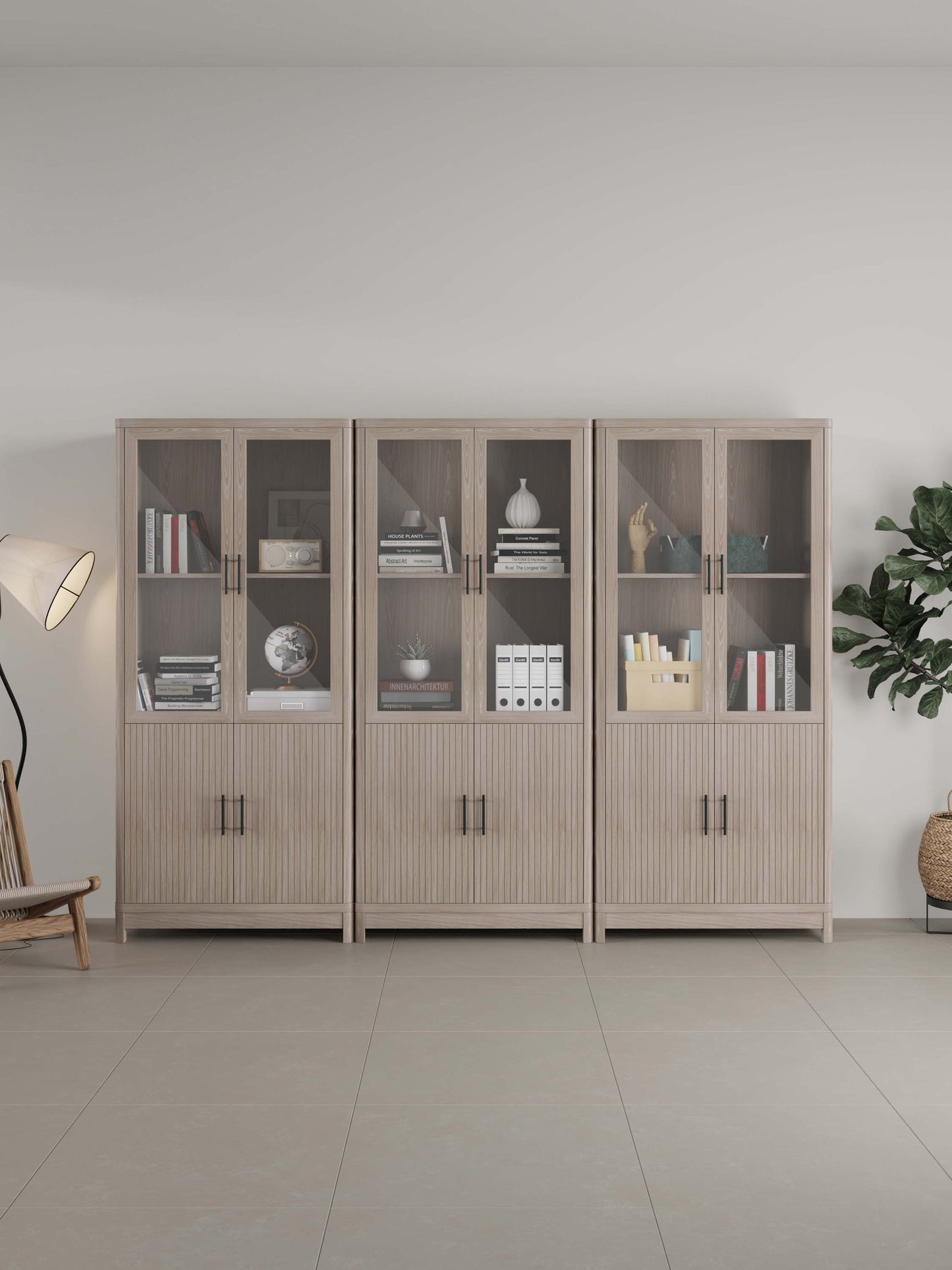 Jodie Mid-Century Modern 31" Bookcase Cabinet in Whitewashed Oak (6-Shelf) - Set of 3 3-BC001-OK