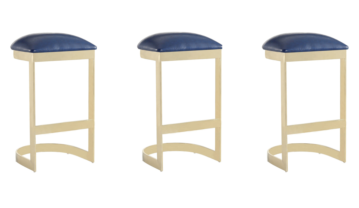 Manhattan Comfort Aura 28.54 in. Blue and Polished Brass Stainless Steel Bar Stool (Set of 3) 3-BS006-BL