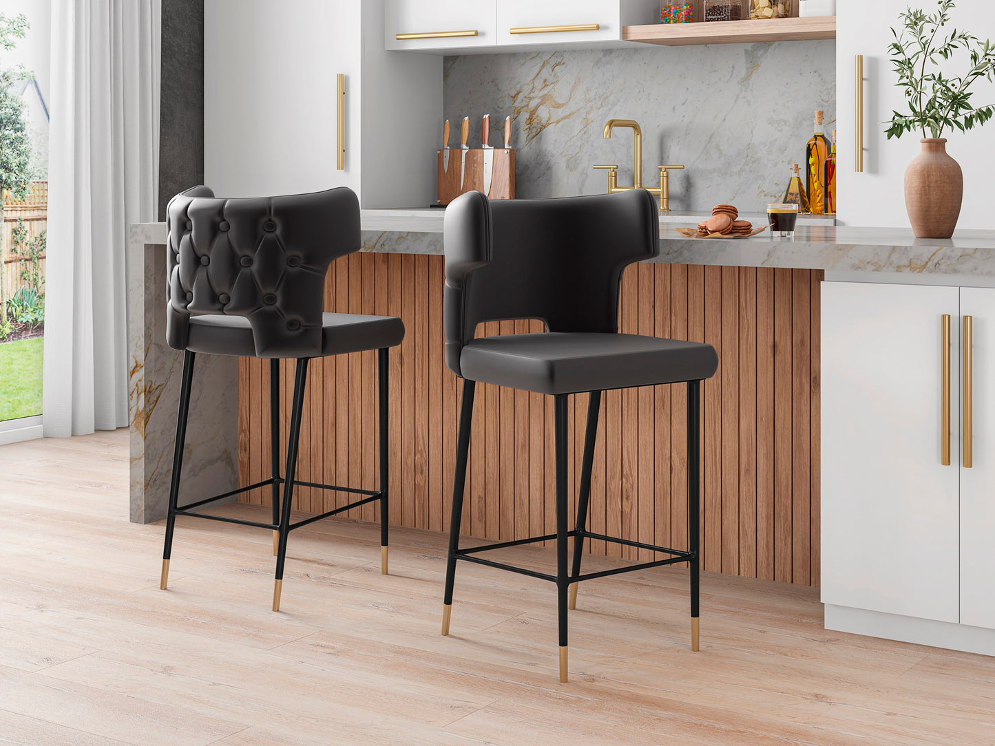 Manhattan Comfort Holguin 41.34 in. Grey, Black and Gold Wood Barstool (Set of 3) 3-BS011-GY