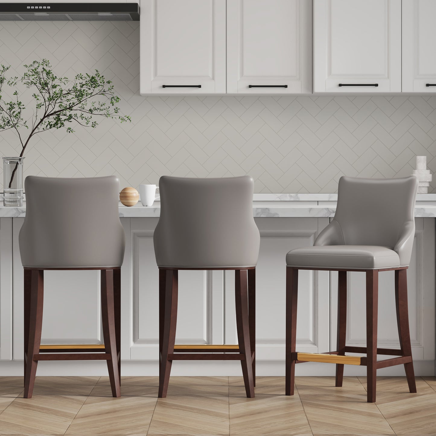 Manhattan Comfort Modern Shubert Barstool Upholstered in Dark Taupe Leatherette with Beech Wood Legs - Set of 3 3-BS019-DT