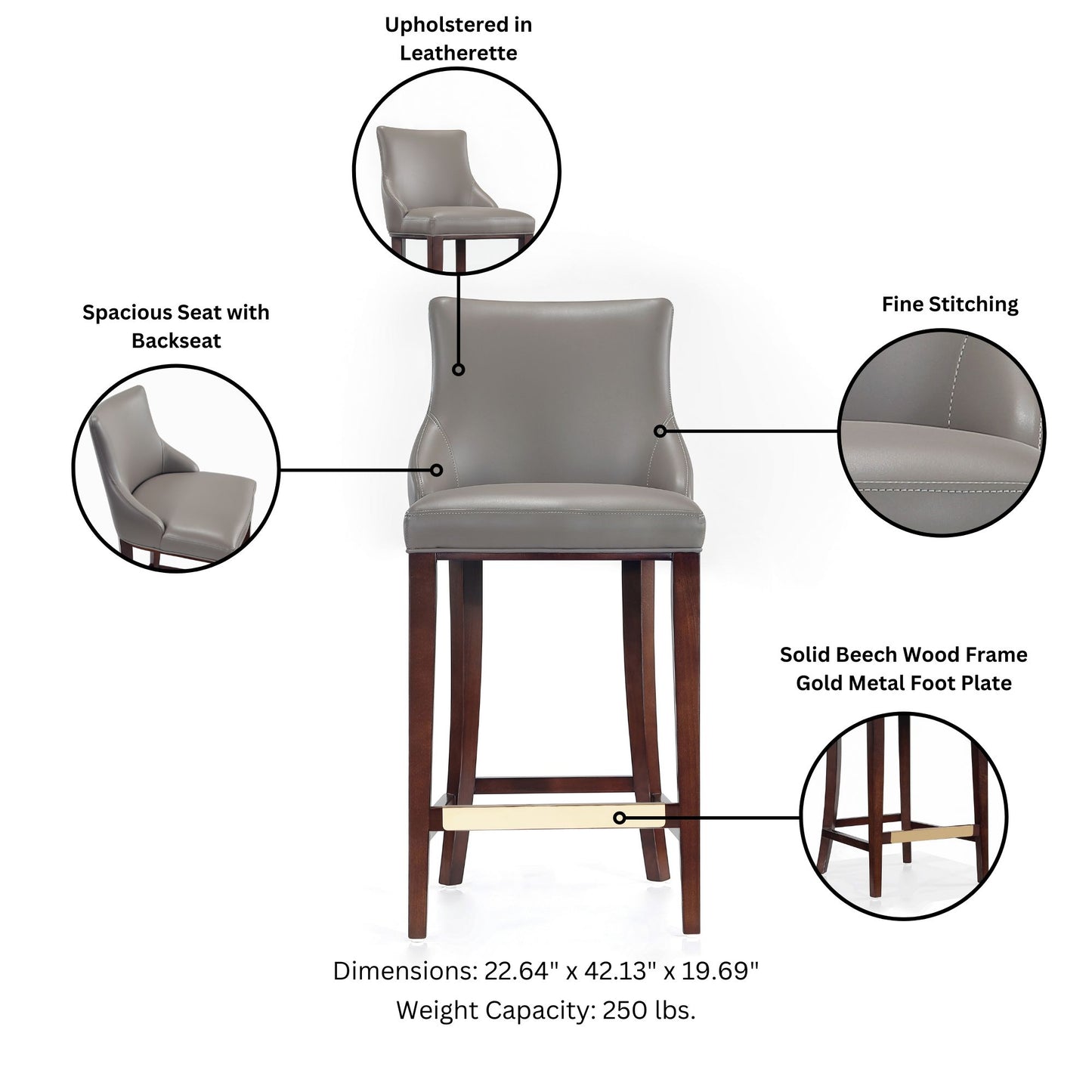 Manhattan Comfort Modern Shubert Barstool Upholstered in Dark Taupe Leatherette with Beech Wood Legs - Set of 3 3-BS019-DT