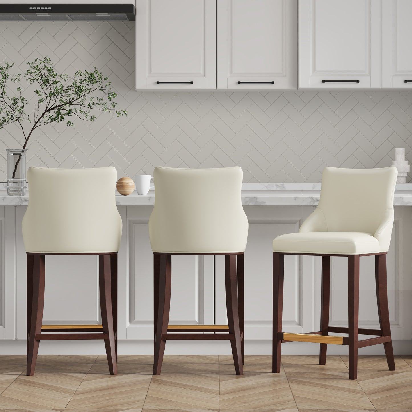 Manhattan Comfort Modern Shubert Barstool Upholstered in Ivory Leatherette with Beech Wood Legs - Set of 3 3-BS019-IV