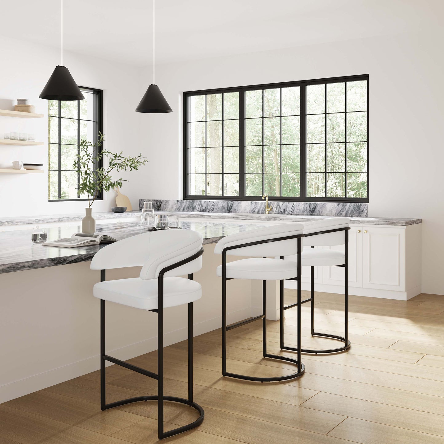 Augusta Modern Metal Upholstered Barstool in White - Set of 3 3-BS021-WH