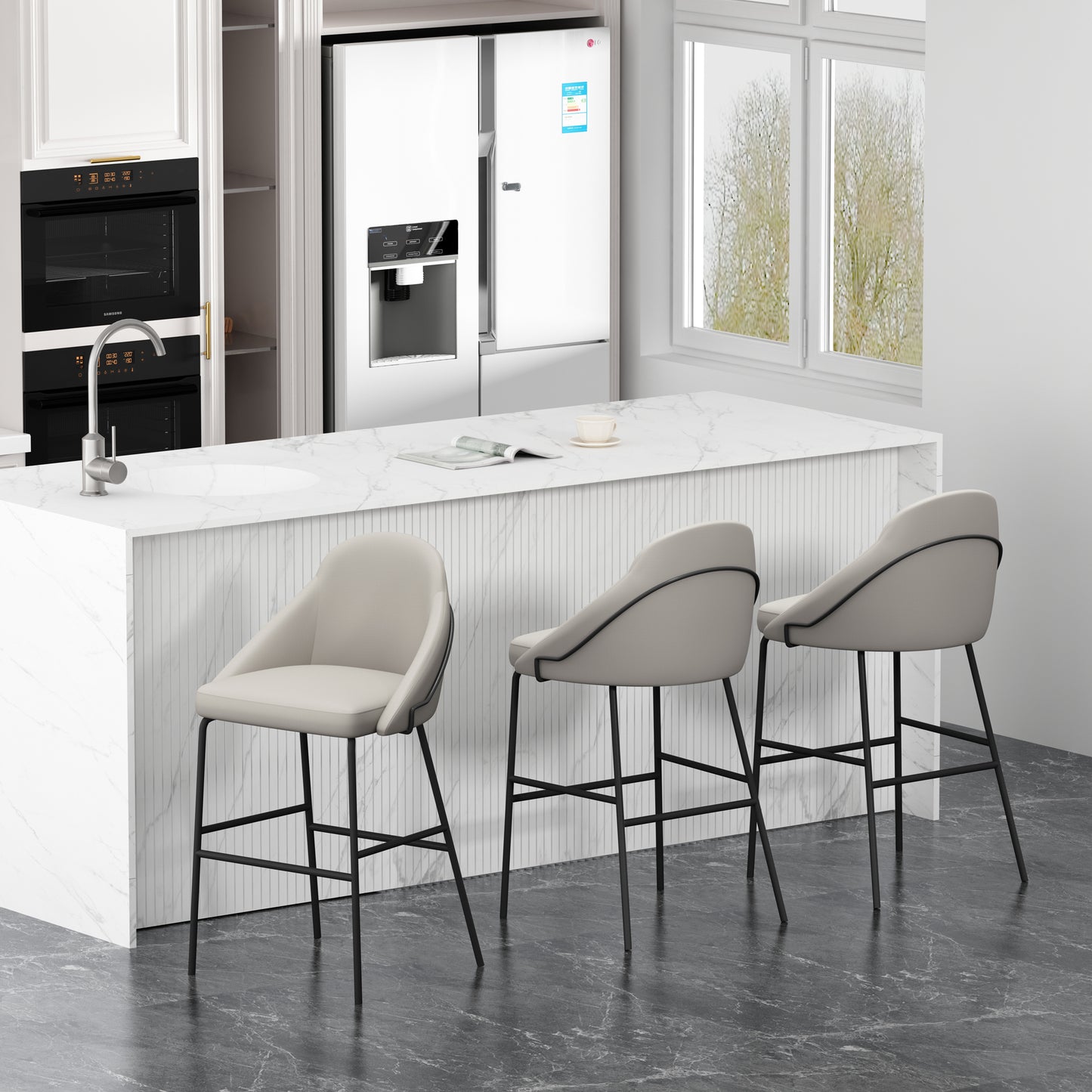 Gracie Modern Metal Upholstered Barstool in Stone Gray and Black - Set of 3 3-BS022-BST