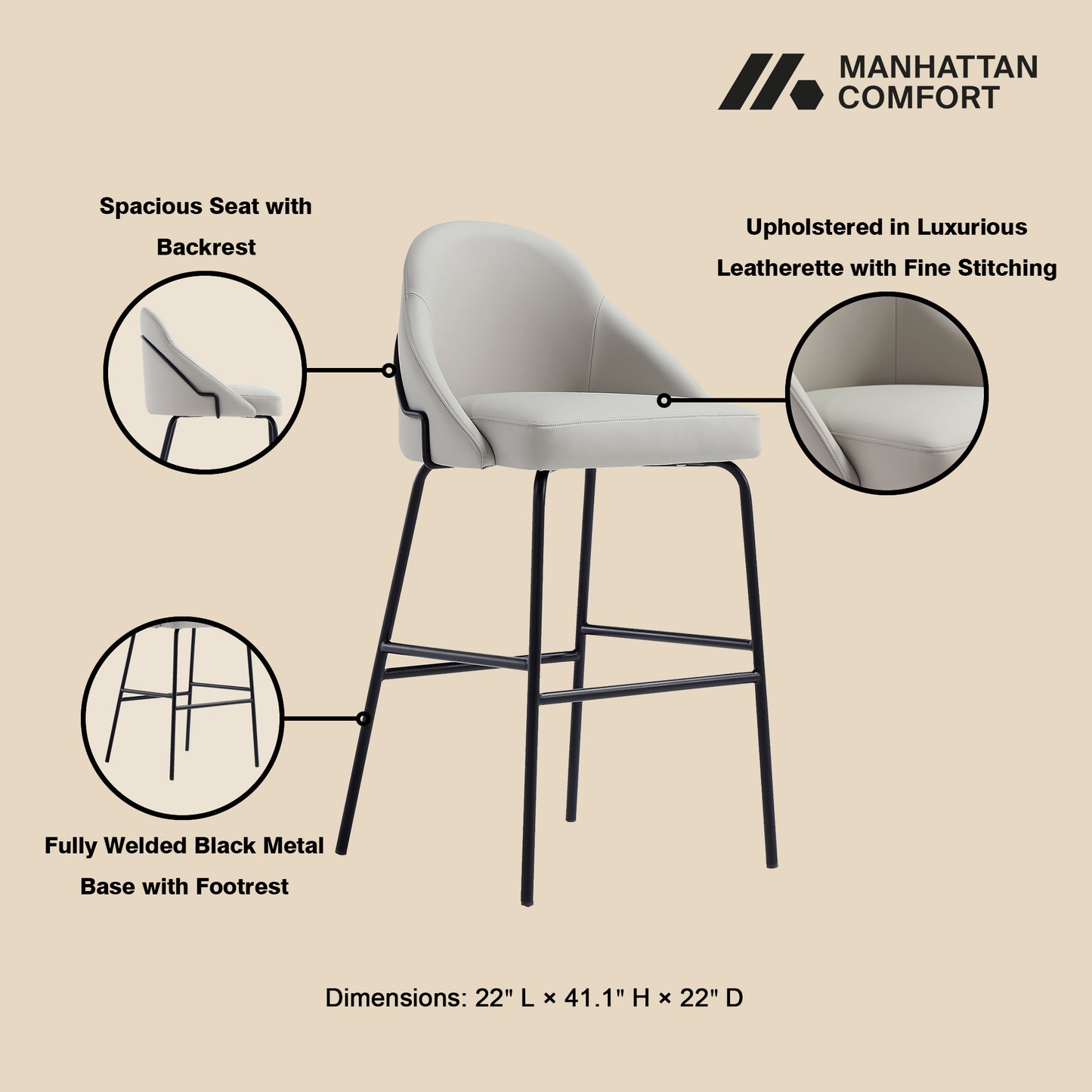 Gracie Modern Metal Upholstered Barstool in Stone Gray and Black - Set of 3 3-BS022-BST