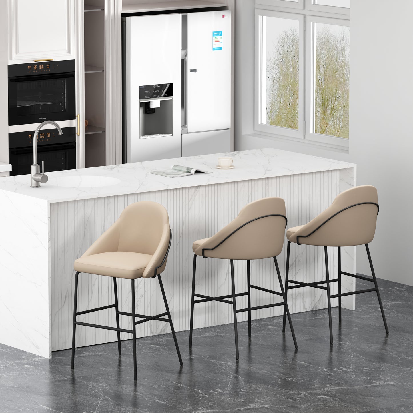 Gracie Modern Metal Upholstered Barstool in Tan and Black - Set of 3 3-BS022-BTN
