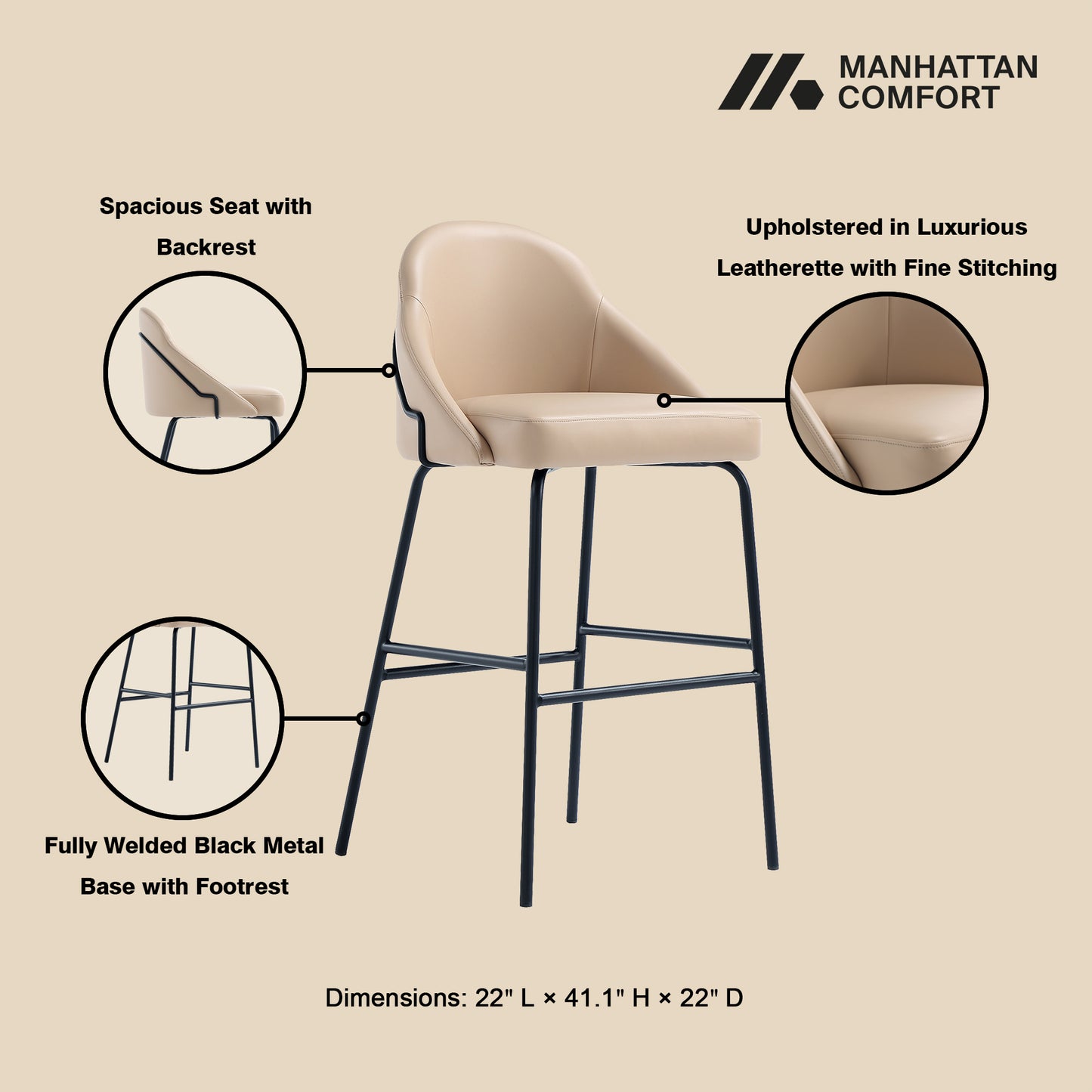 Gracie Modern Metal Upholstered Barstool in Tan and Black - Set of 3 3-BS022-BTN