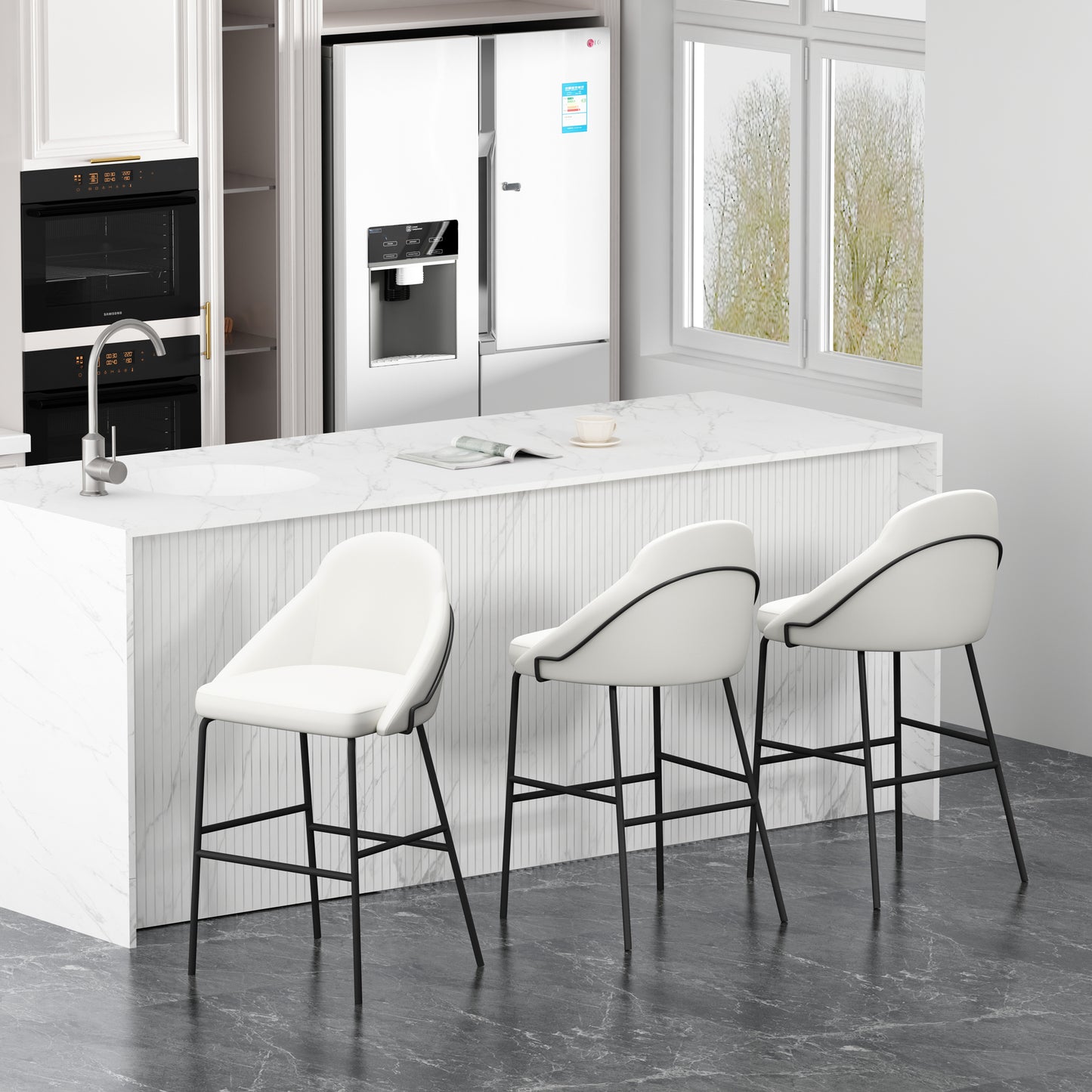 Gracie Modern Metal Upholstered Barstool in White and Black - Set of 3 3-BS022-BWH