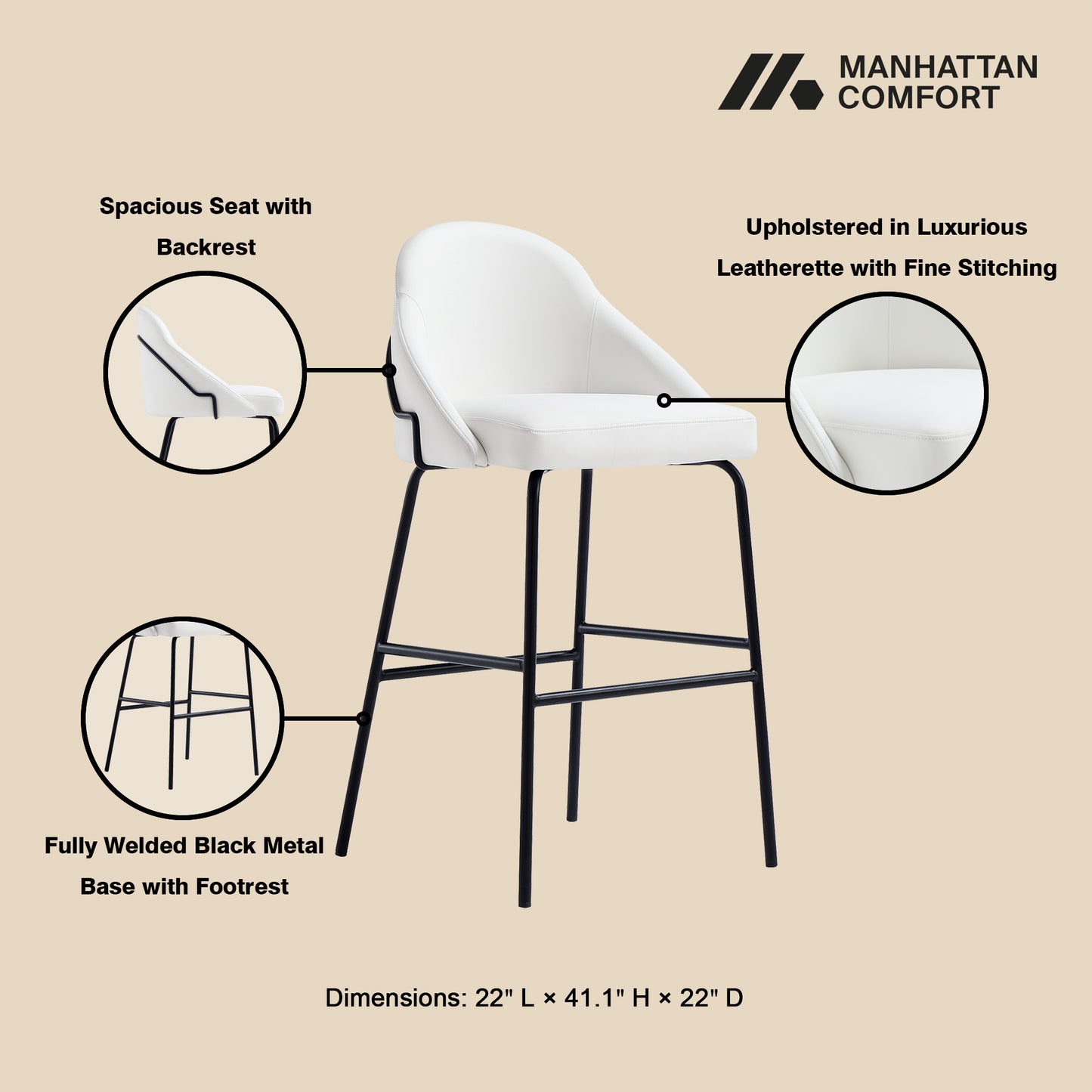 Gracie Modern Metal Upholstered Barstool in White and Black - Set of 3 3-BS022-BWH