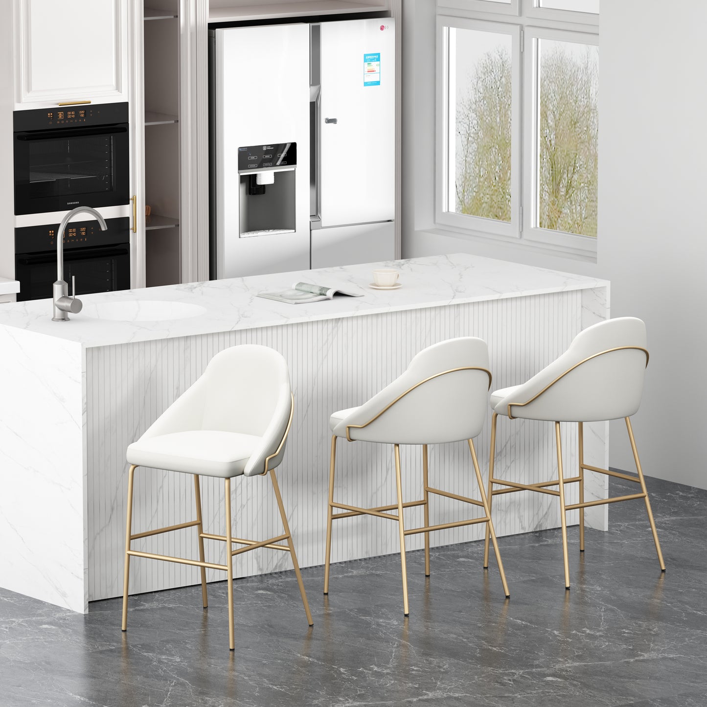Gracie Modern Metal Upholstered Barstool in White and Gold - Set of 3 3-BS022-GWH