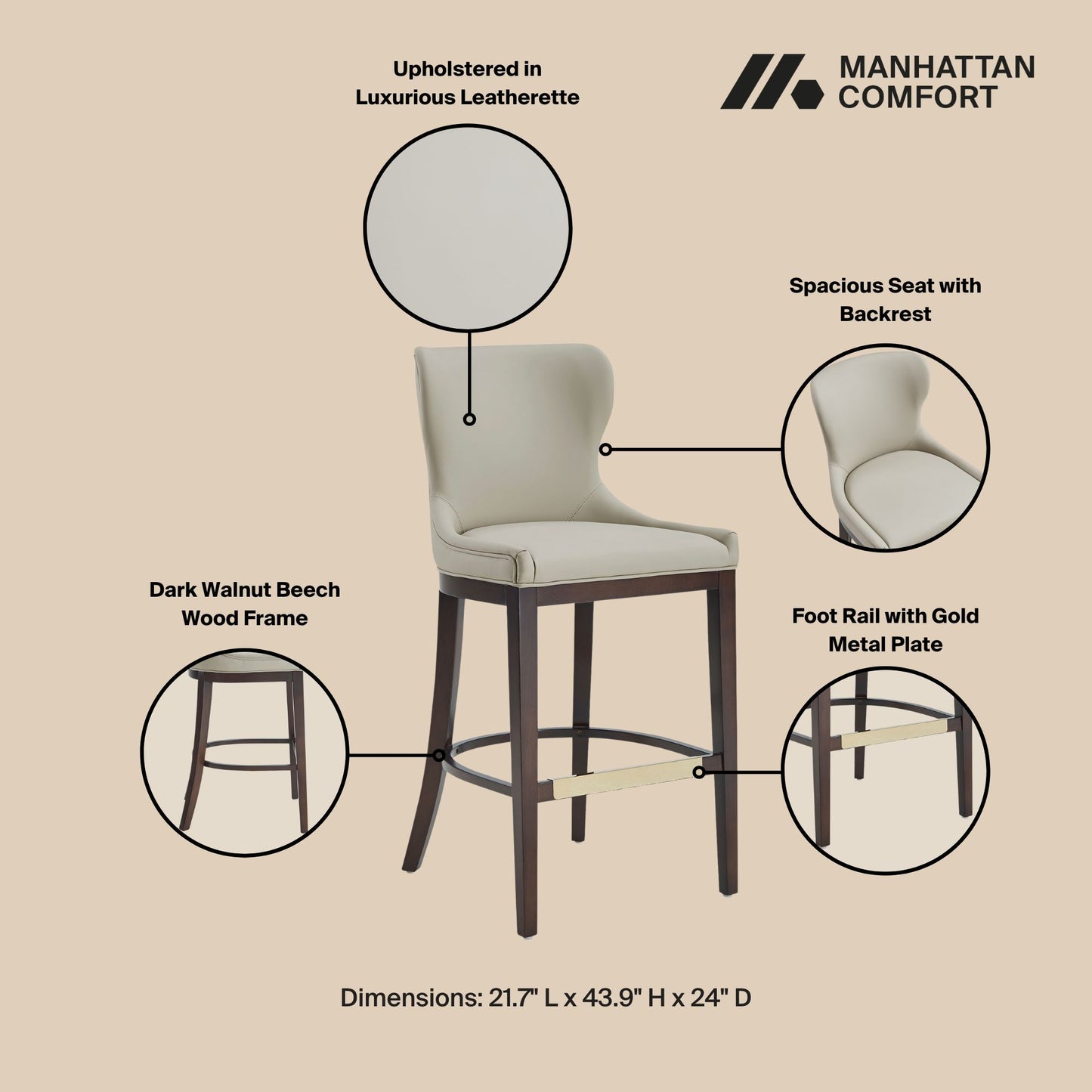 Blair Modern Wood Upholstered Barstool in Stone - Set of 3 3-BS023-ST