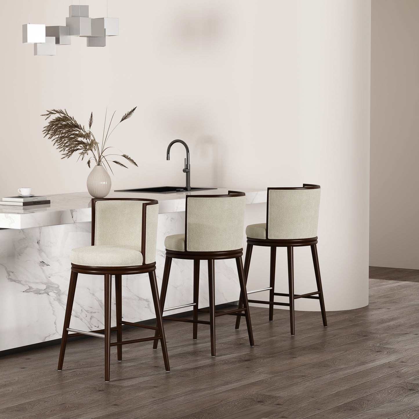 Evalyn Modern Wood Upholstered Barstool in Cream - Set of 3 3-BS024-CR