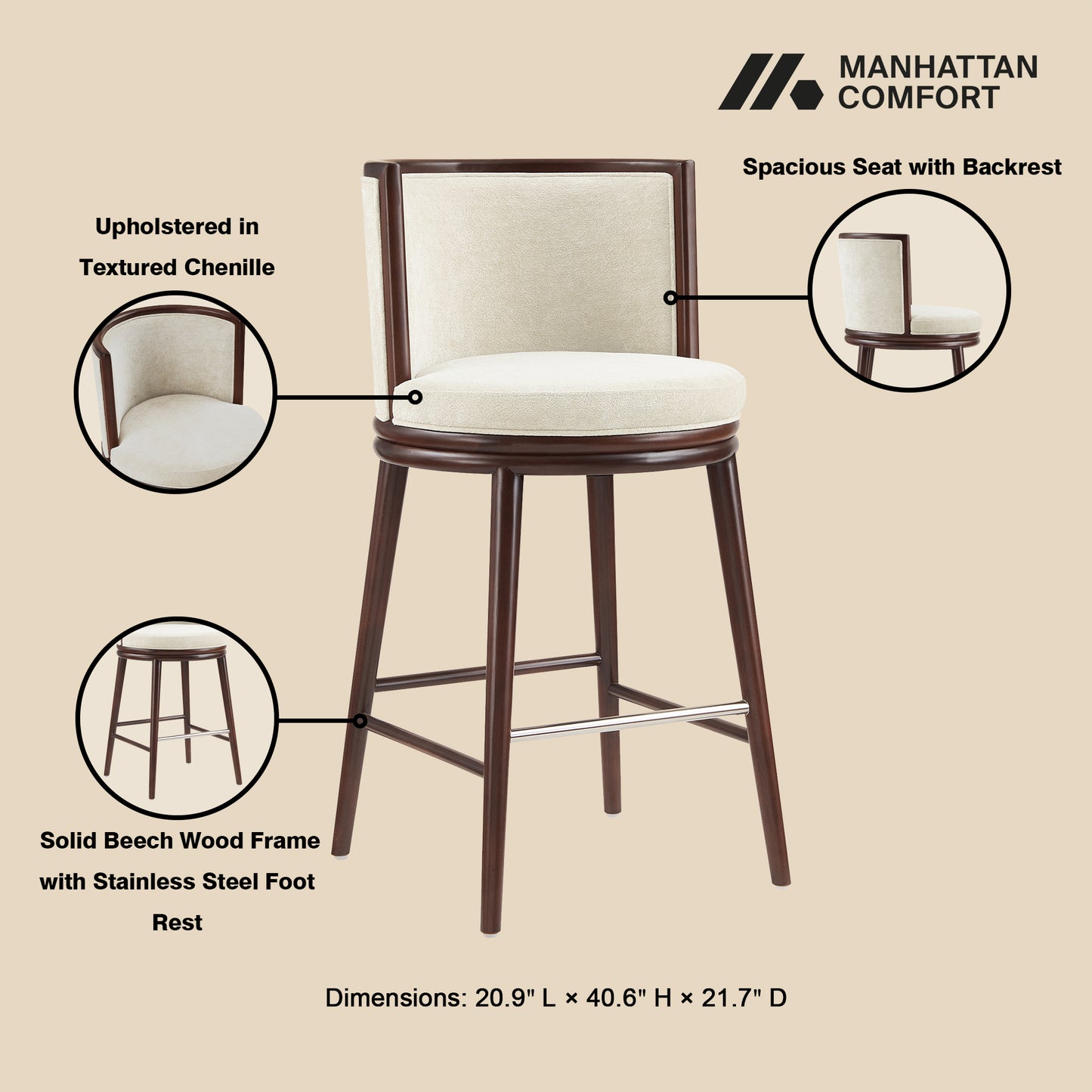 Evalyn Modern Wood Upholstered Barstool in Cream - Set of 3 3-BS024-CR