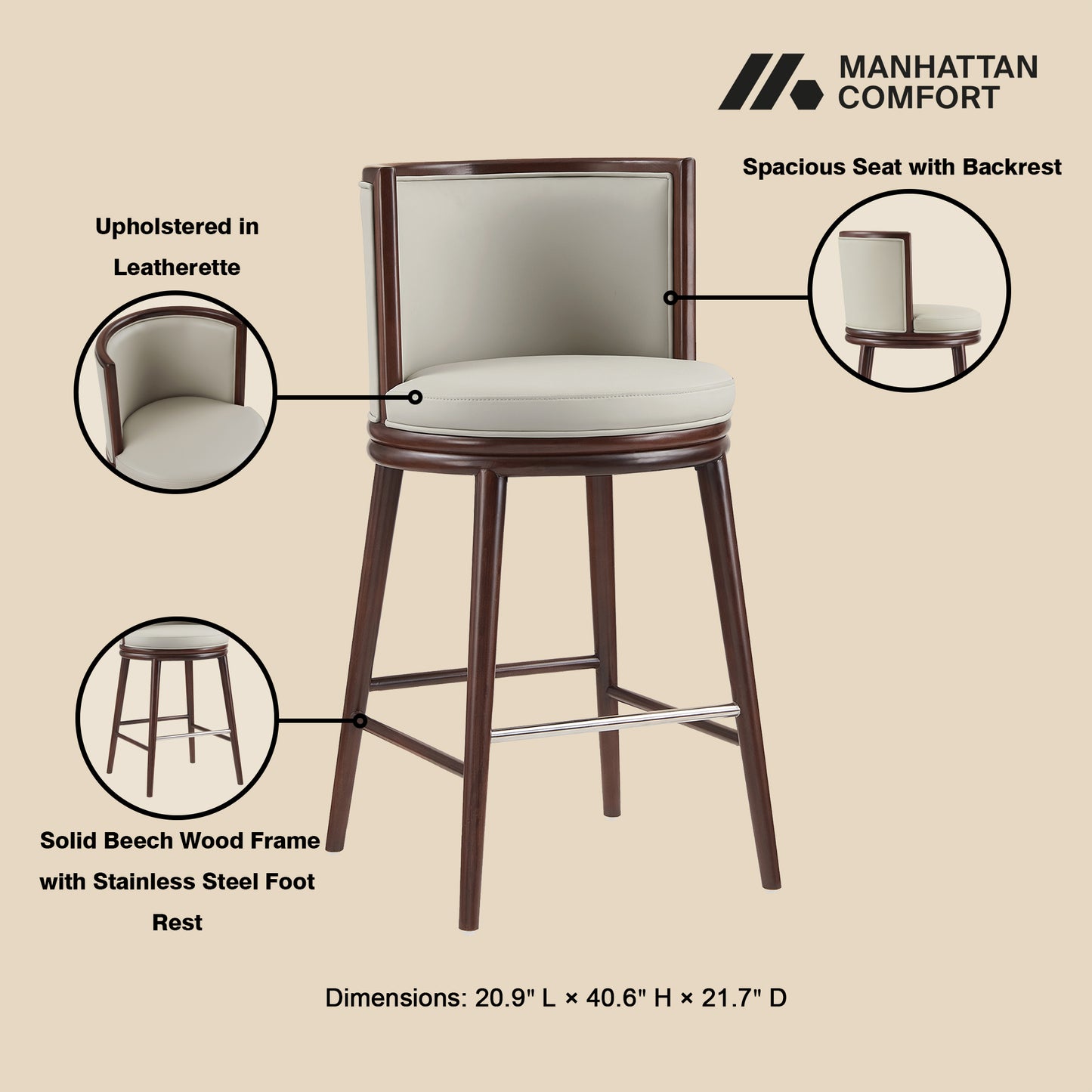 Evalyn Modern Wood Upholstered Barstool in Stone - Set of 3 3-BS024-ST