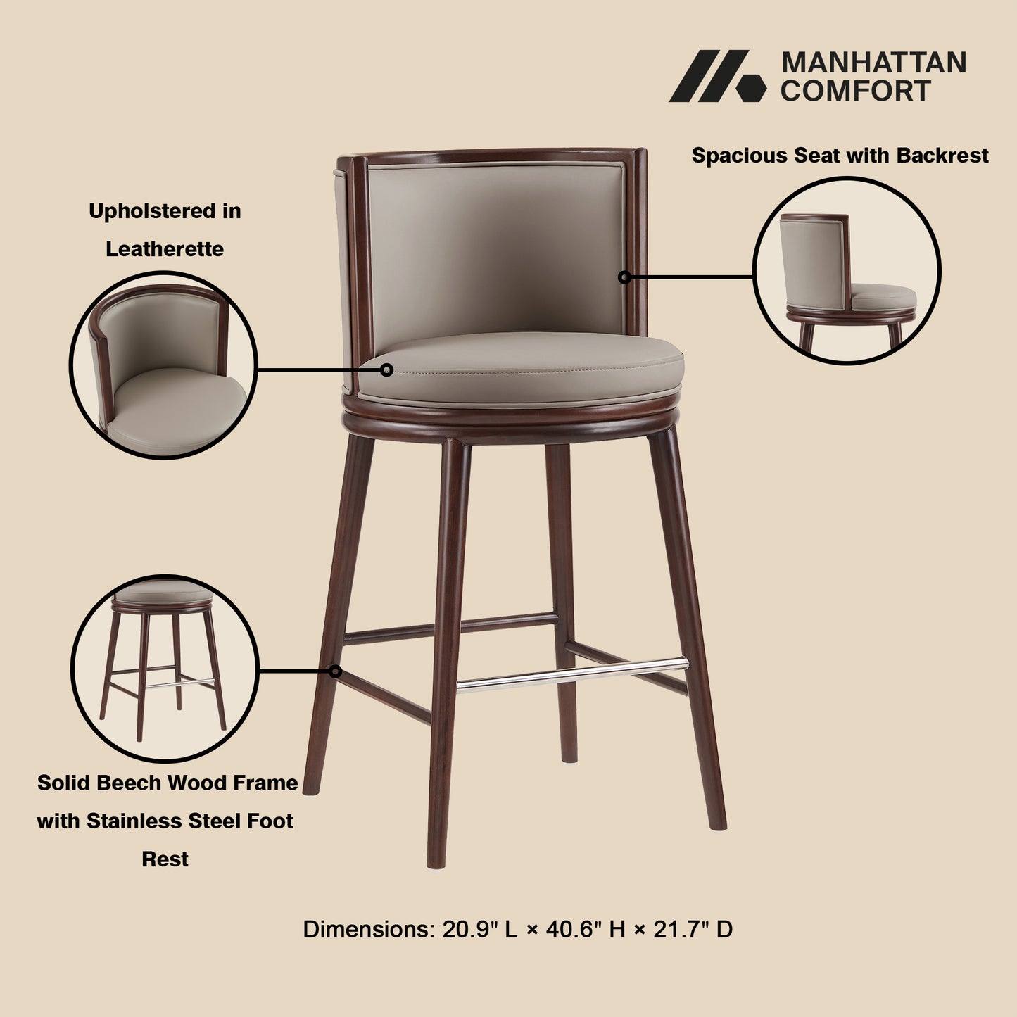 Evalyn Modern Wood Upholstered Barstool in Taupe - Set of 3 3-BS024-TP