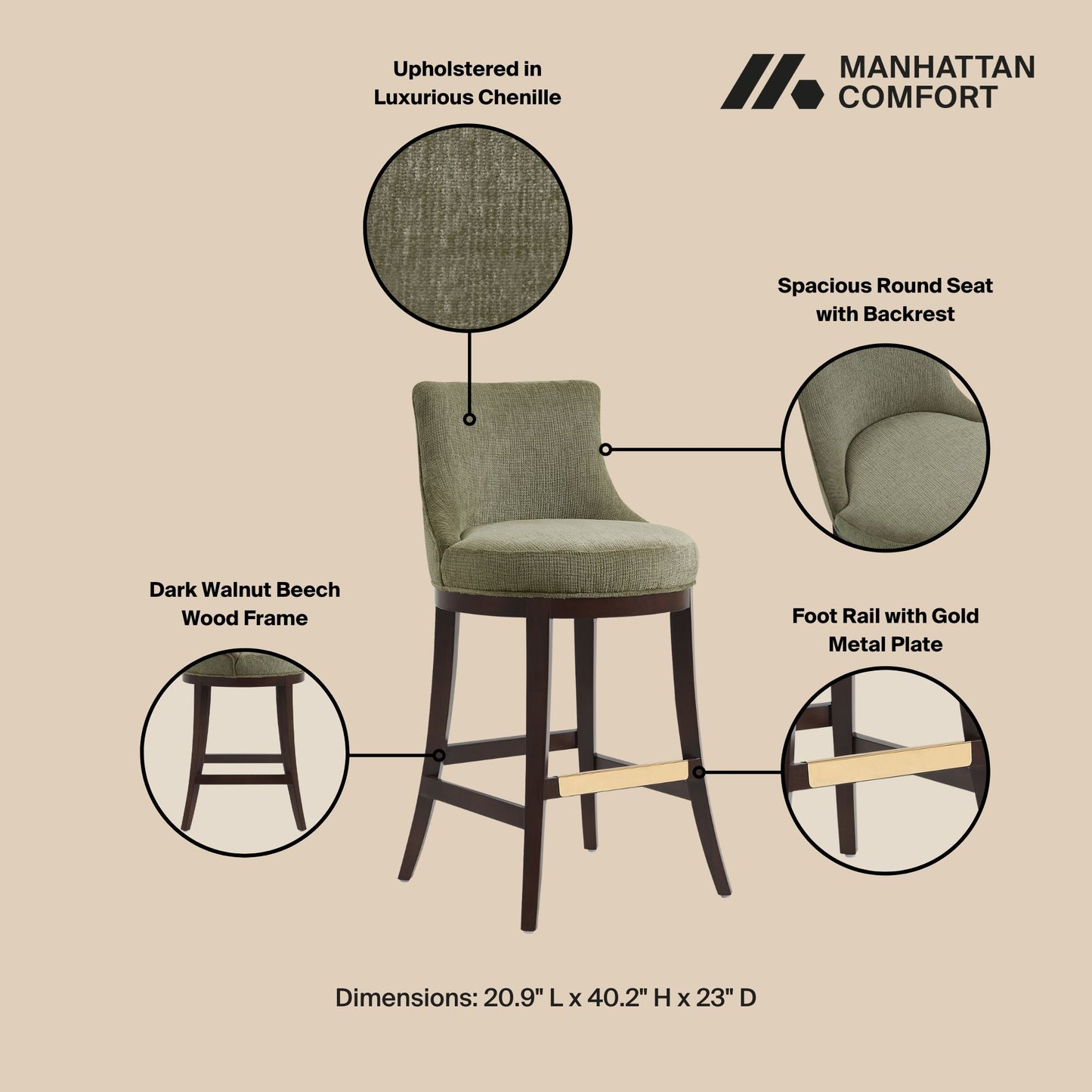 Lucia Modern Wood Upholstered Chenille Barstool in Leaf Green - Set of 3 3-BS025-GR