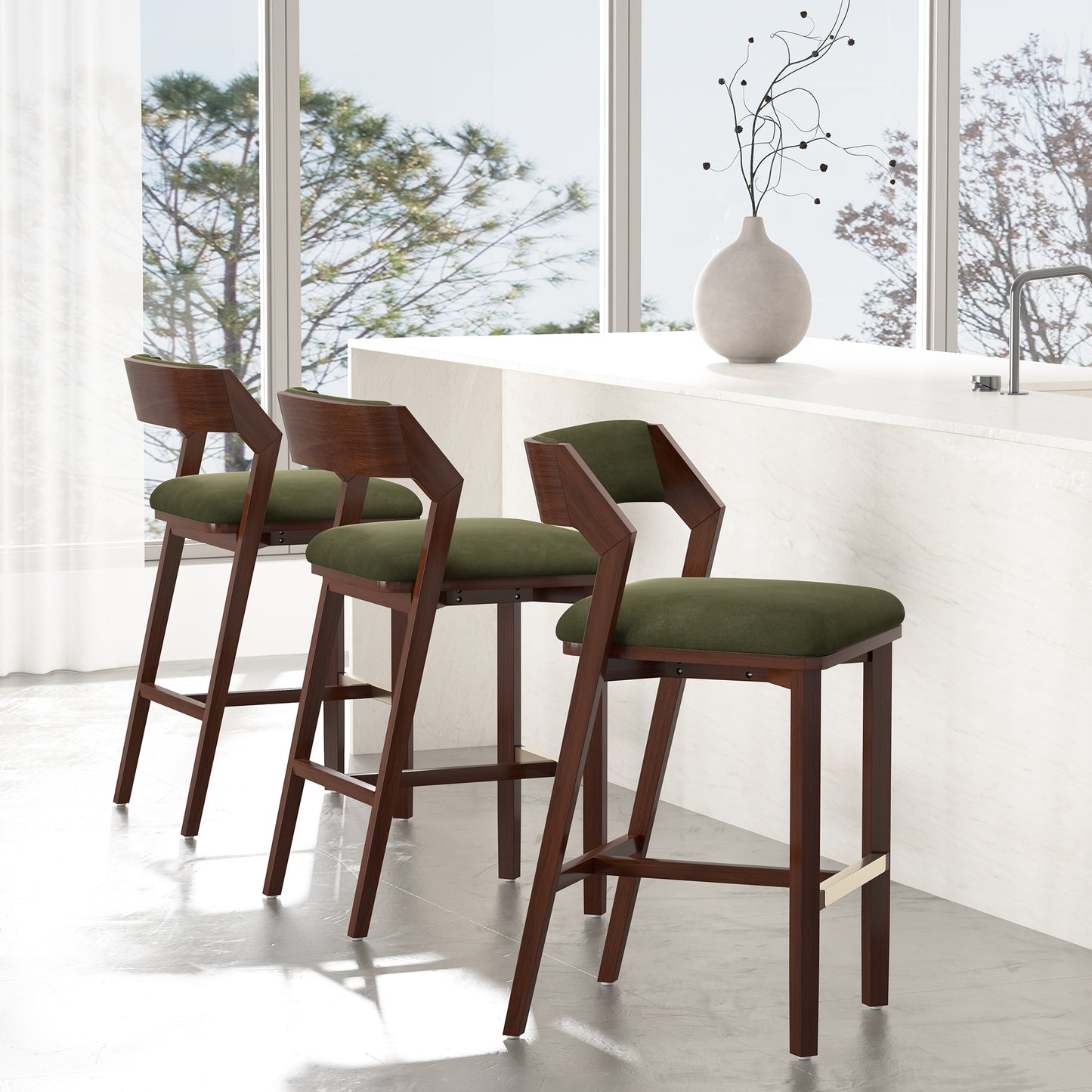 Patricia Modern Wood Upholstered Barstool in Turtle Green - Set of 3 3-BS026-GR