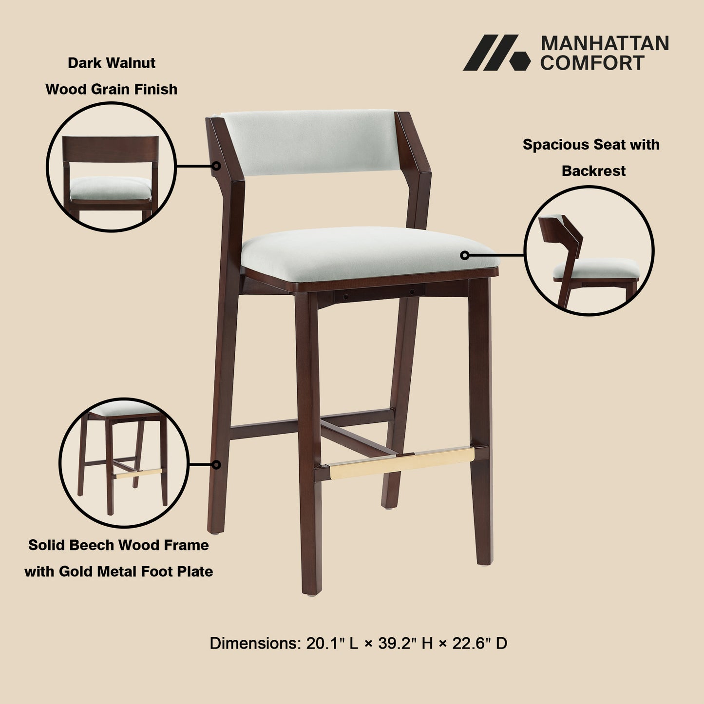 Patricia Modern Wood Upholstered Barstool in White Glacier - Set of 3 3-BS026-WH