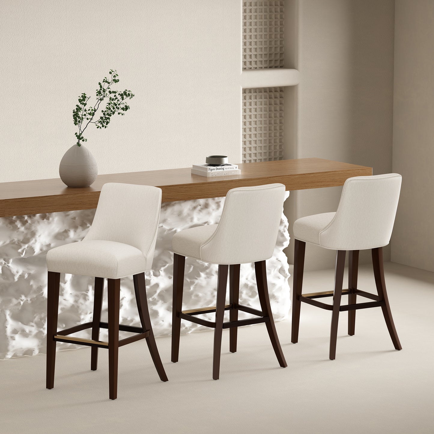 Beever Modern Wood Upholstered Chenille Barstool in Cream - Set of 3 3-BS027-CR