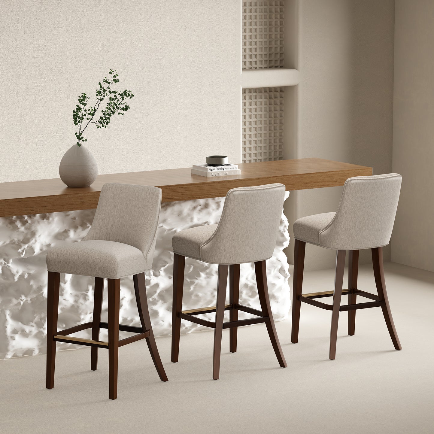 Beever Modern Wood Upholstered Chenille Barstool in Taupe - Set of 3 3-BS027-TP