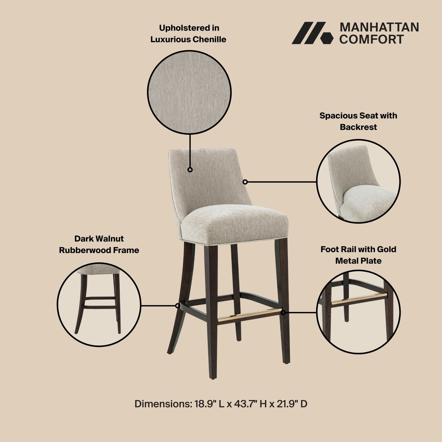 Beever Modern Wood Upholstered Chenille Barstool in Taupe - Set of 3 3-BS027-TP