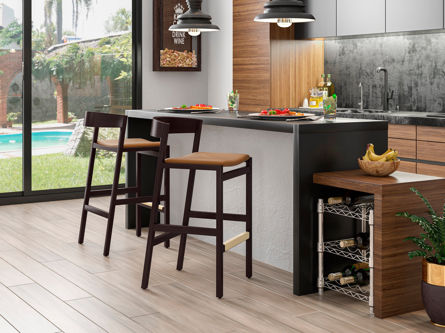 Manhattan Comfort Klismos 36.75 in. Camel and Dark Walnut Beech Wood Counter Height Bar Stool (Set of 3) 3-CS007-CL