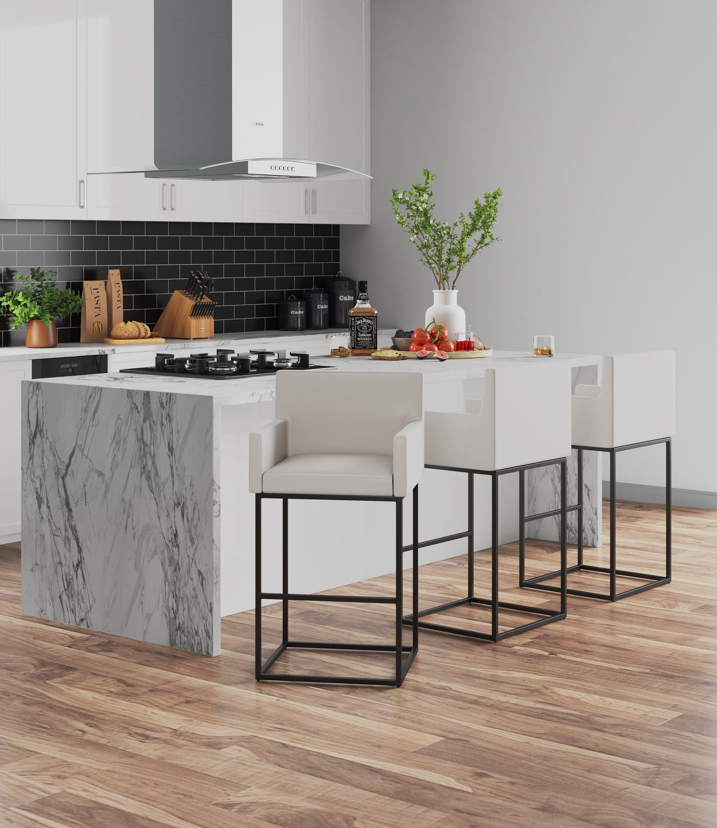 Manhattan Comfort Ambassador 38 in. Cream and Black Metal Counter Height Bar Stool (Set of 3) 3-CS010-CR