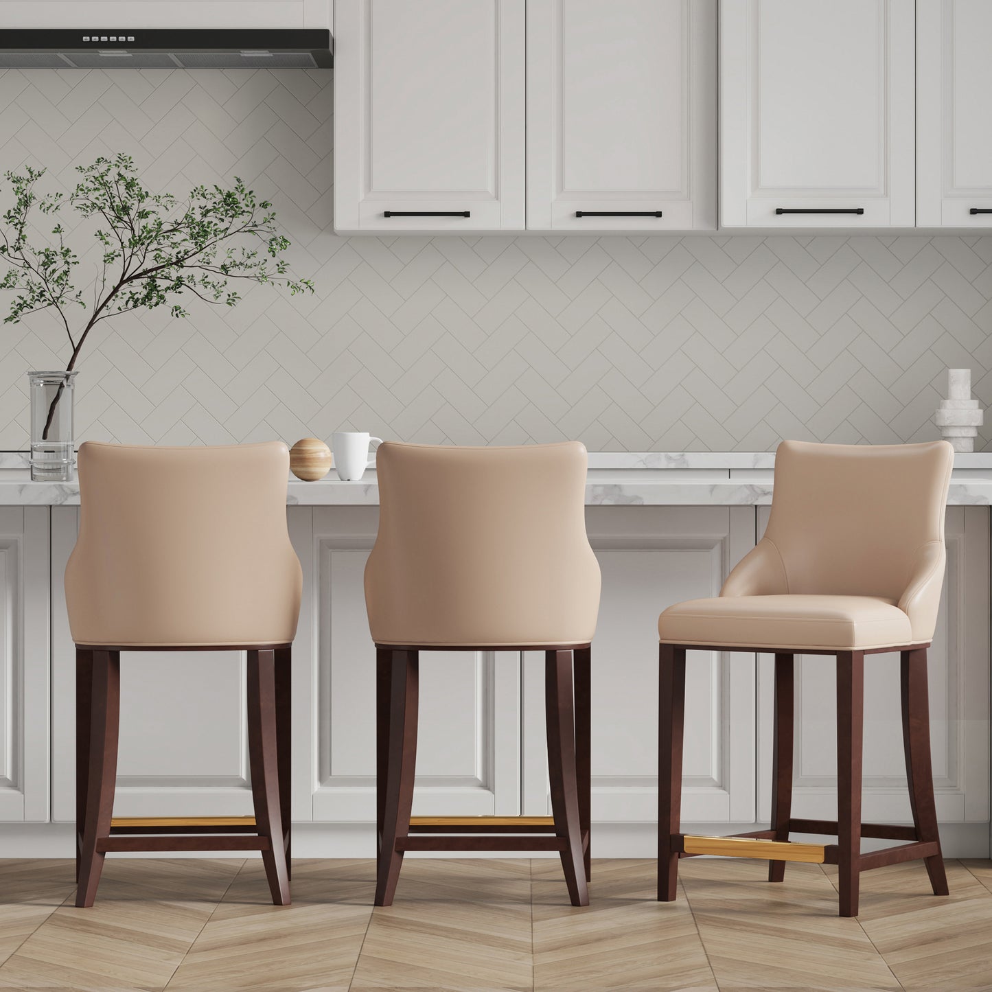 Manhattan Comfort Modern Shubert Counter Stool Upholstered in Tan Leatherette with Beech Wood Legs - Set of 3 3-CS016-TN