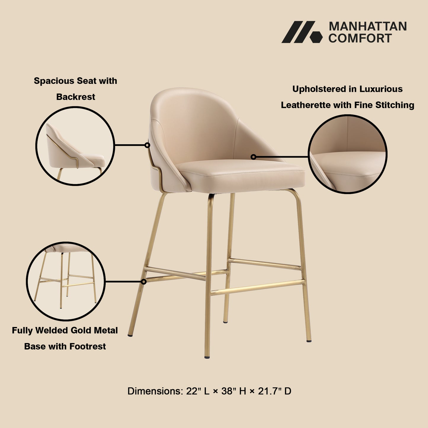 Gracie Modern Metal Upholstered Counter Stool in Tan and Gold - Set of 3 3-CS019-GTN