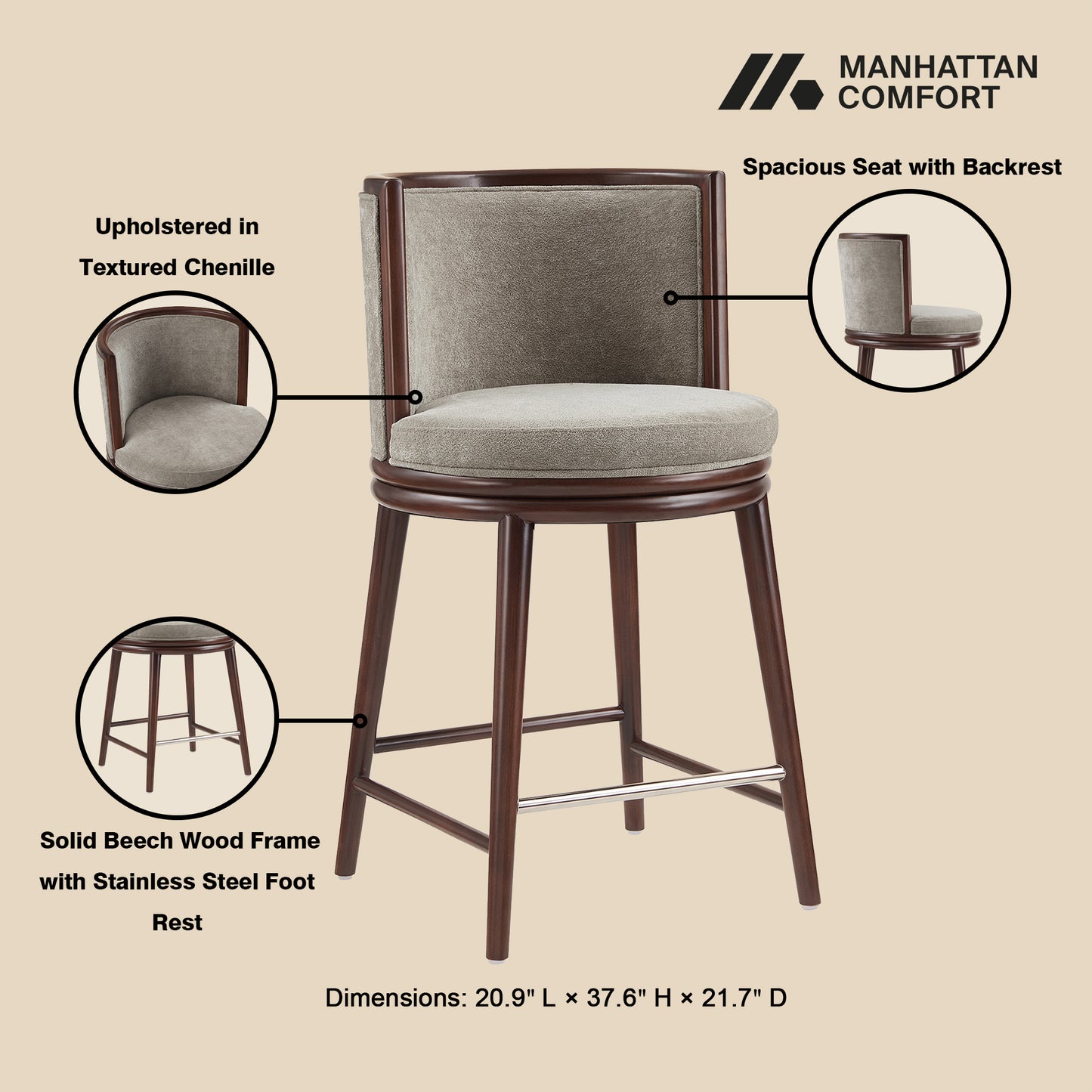 Evalyn Modern Wood Upholstered Counter Stool in Dove - Set of 3 3-CS021-DO