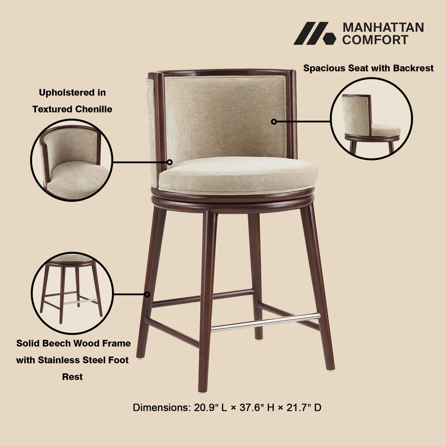 Evalyn Modern Wood Upholstered Counter Stool in Natural - Set of 3 3-CS021-NA