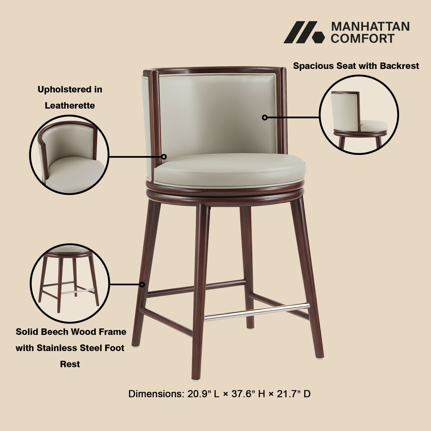 Evalyn Modern Wood Upholstered Counter Stool in Stone - Set of 3 3-CS021-ST