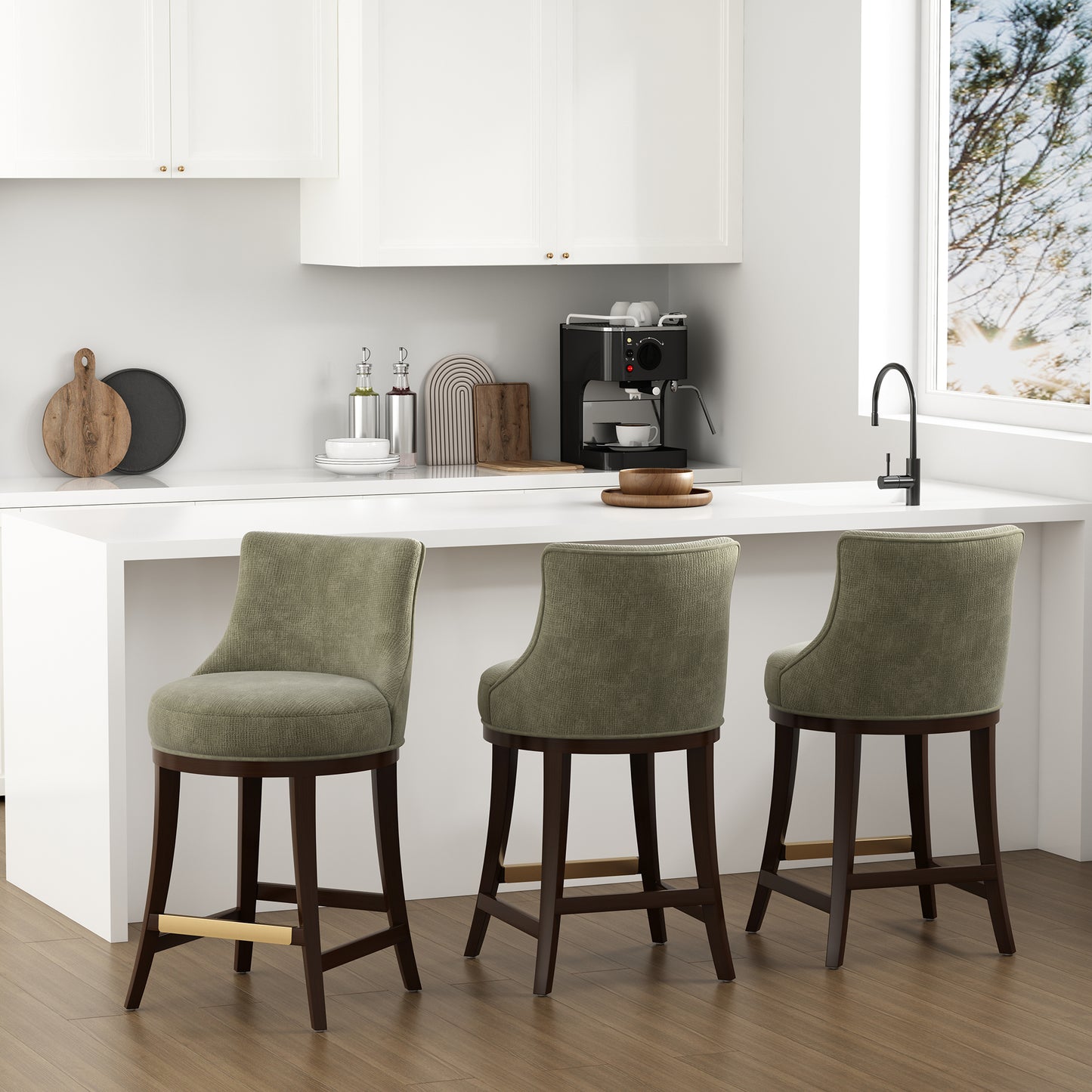 Lucia Modern Wood Chenille Counter Stool in Leaf Green - Set of 3 3-CS022-GR