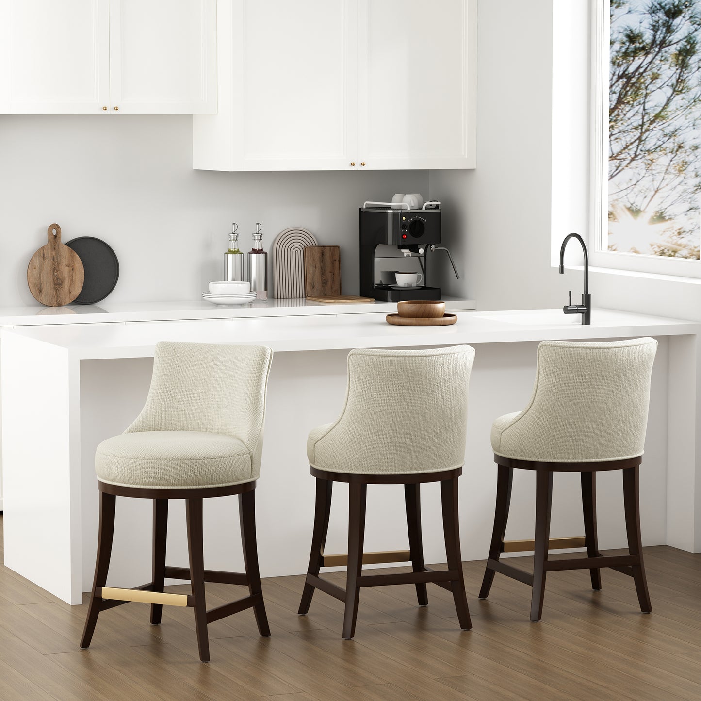 Lucia Modern Wood Chenille Counter Stool in Natural - Set of 3 3-CS022-NA