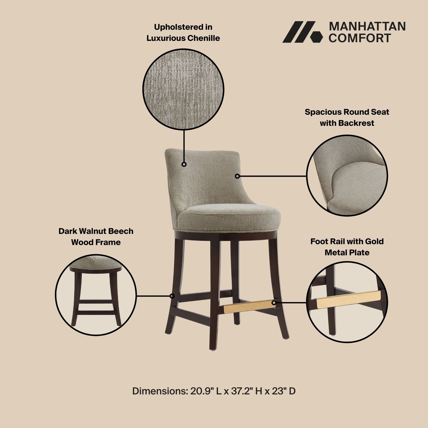 Lucia Modern Wood Chenille Counter Stool in Taupe - Set of 3 3-CS022-TP