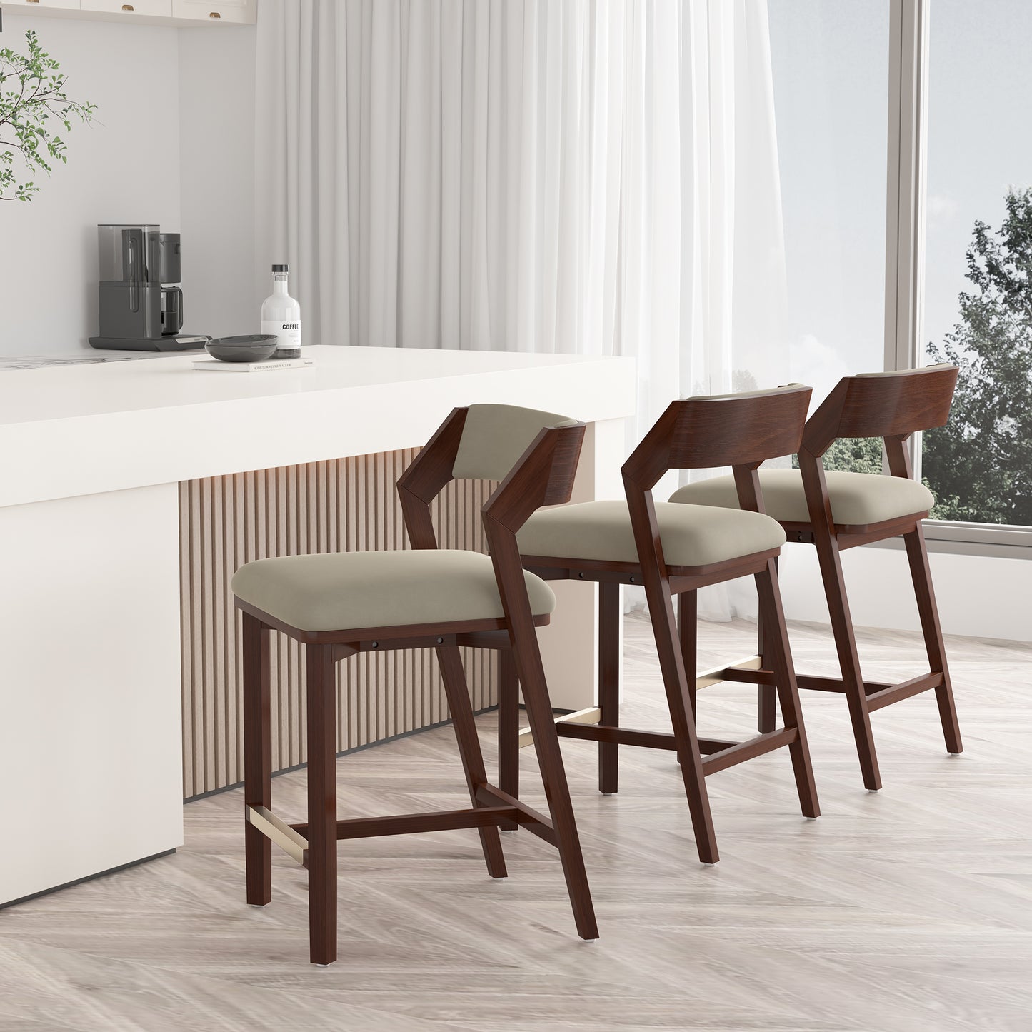 Patricia Modern Wood Upholstered Counter Stool in Linen - Set of 3 3-CS023-LN