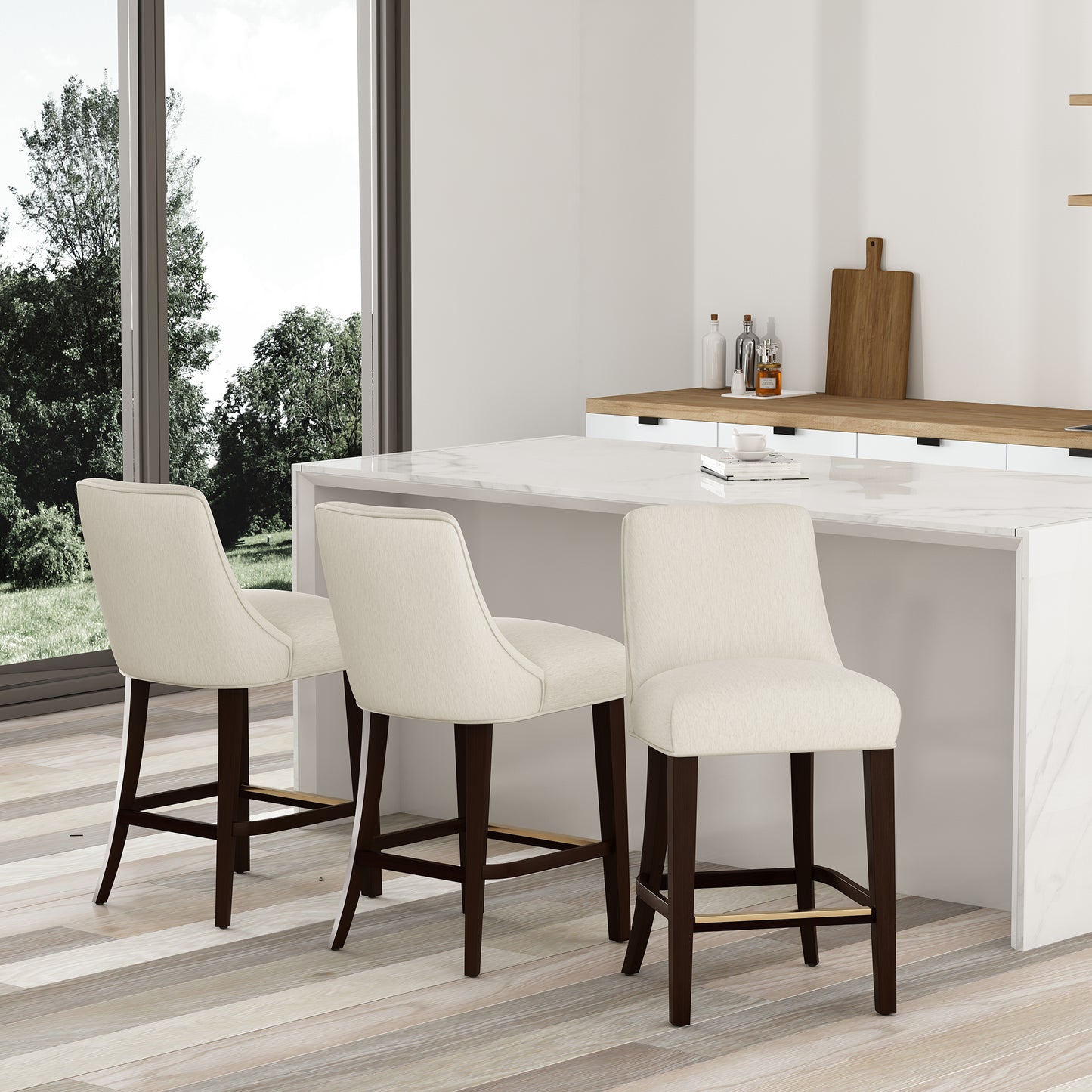 Beever Modern Wood Chenille Counter Stool in Cream - Set of 3 3-CS024-CR