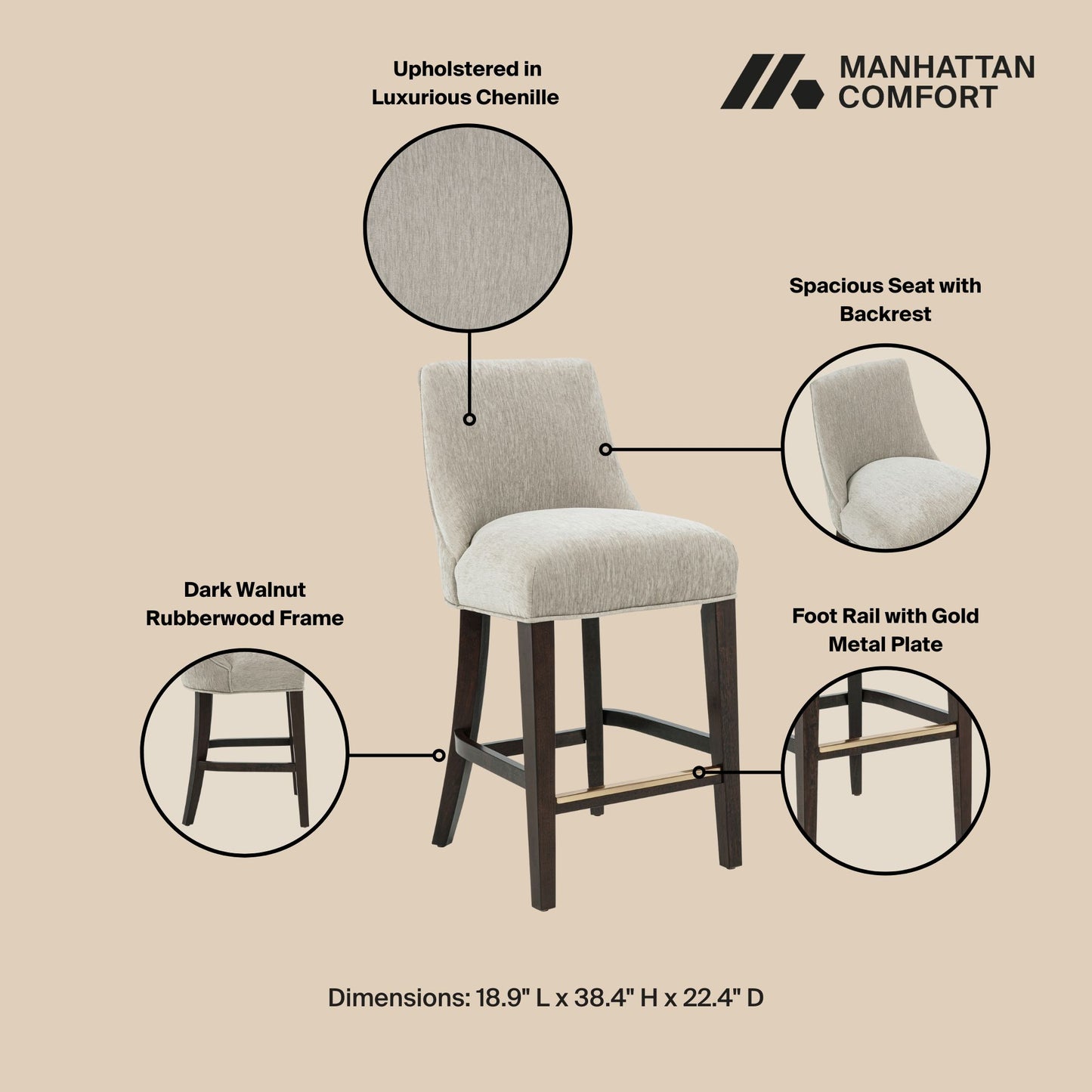 Beever Modern Wood Chenille Counter Stool in Taupe - Set of 3 3-CS024-TP