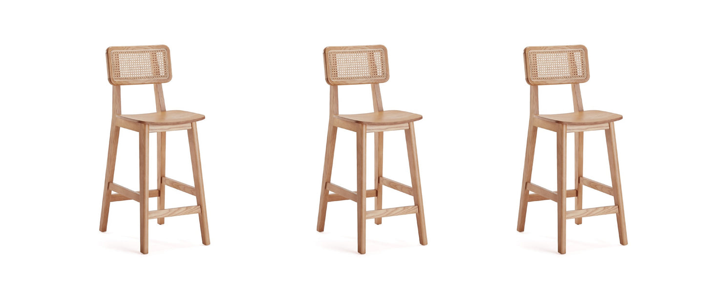 Versailles Industry Chic Cane Back Wood Counter Stool in Natural - Set of 3 3-CSCA01-NA