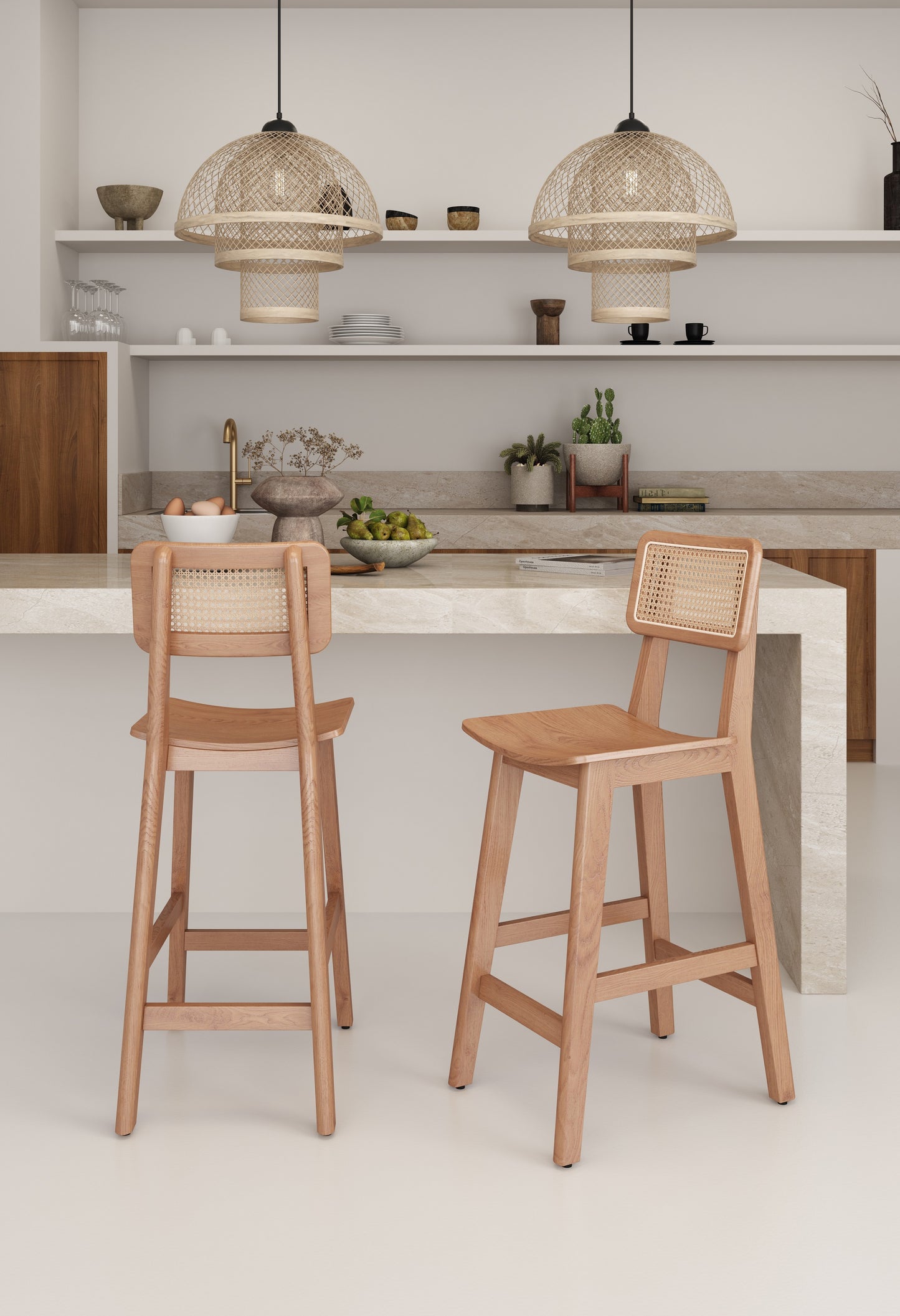 Versailles Industry Chic Cane Back Wood Counter Stool in Natural - Set of 3 3-CSCA01-NA