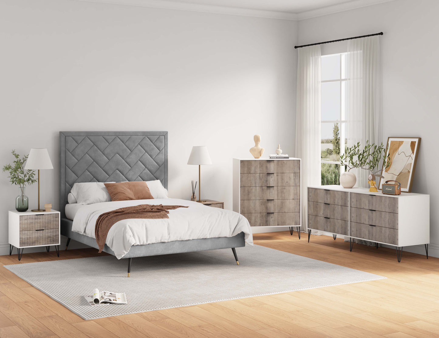 Manhattan Comfort3-Piece DUMBO Modern 5-Drawer Tall Dresser, DUMBO Modern 6-Drawer Double Low Dresser, and DUMBO Modern Nightstand 2.0 in White and Grey 3-DB07-WG