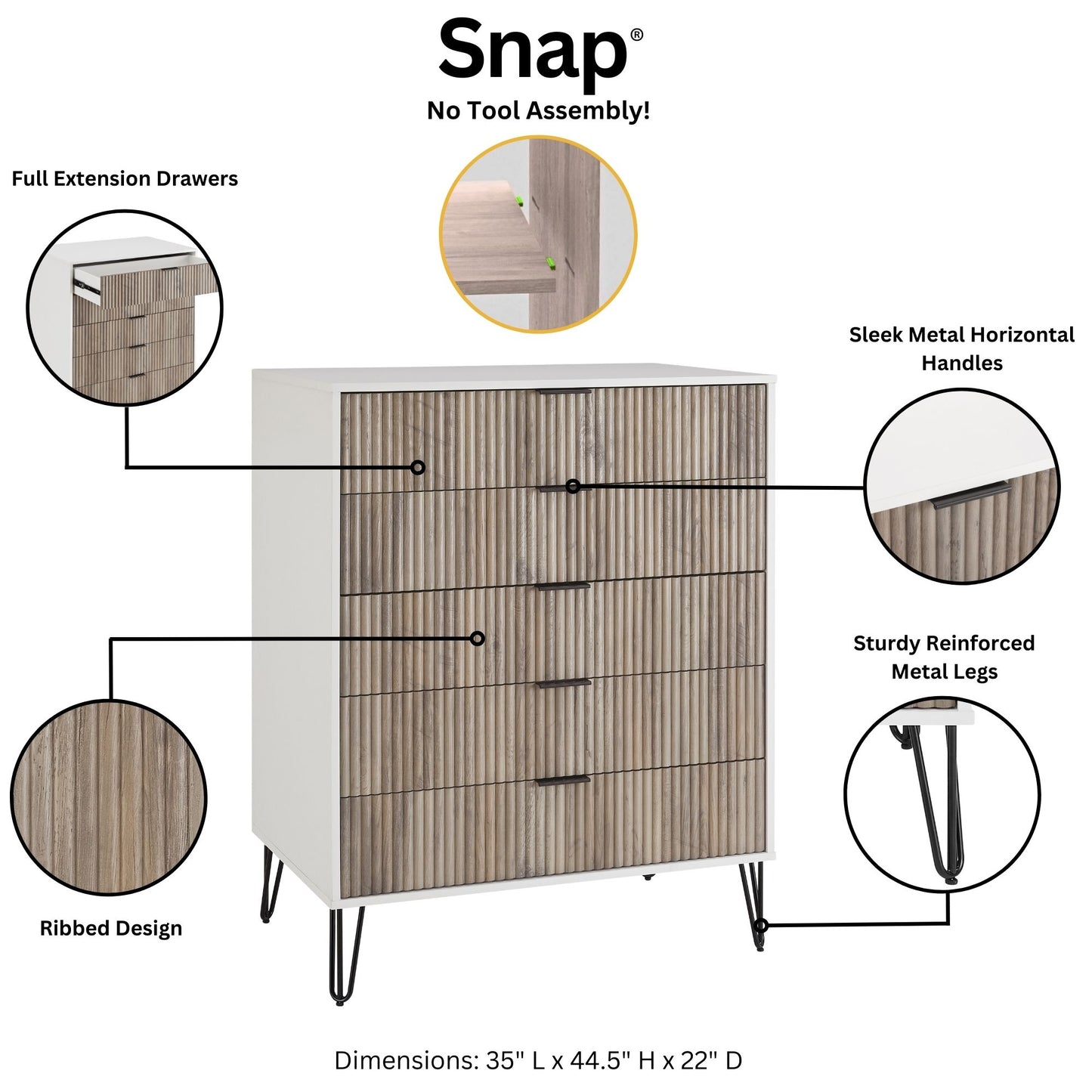 Manhattan Comfort3-Piece DUMBO Modern 5-Drawer Tall Dresser, DUMBO Modern 6-Drawer Double Low Dresser, and DUMBO Modern Nightstand 2.0 in White and Grey 3-DB07-WG