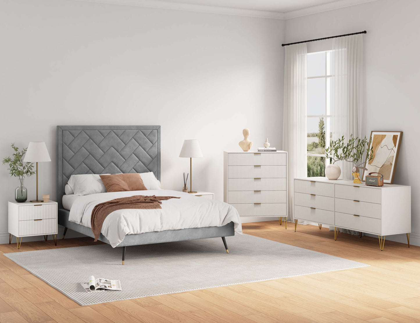Manhattan Comfort3-Piece DUMBO Modern  5-Drawer Tall Dresser,  DUMBO Modern 6-Drawer Double Low Dresser, and DUMBO Modern Nightstand 2.0 in White 3-DB07-WH