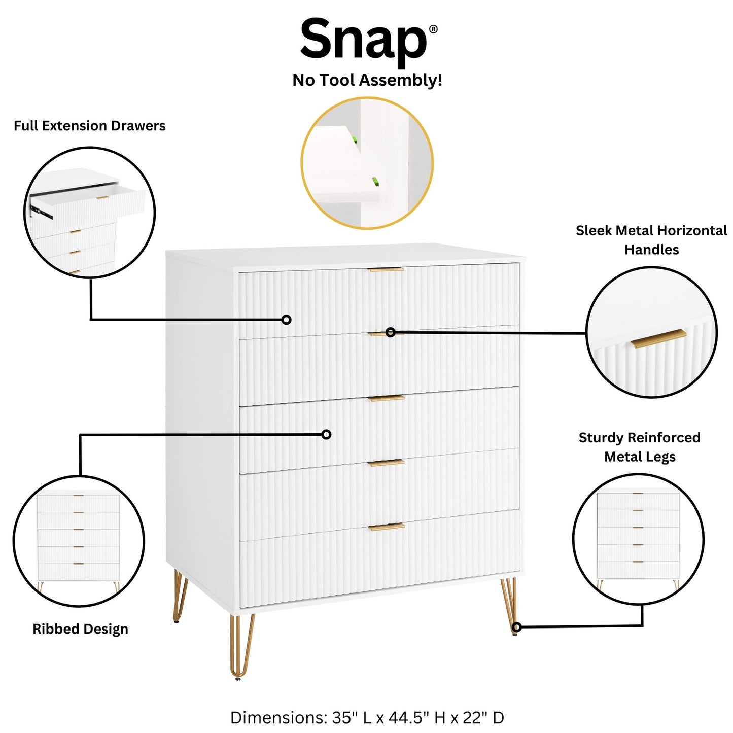 Manhattan Comfort3-Piece DUMBO Modern  5-Drawer Tall Dresser,  DUMBO Modern 6-Drawer Double Low Dresser, and DUMBO Modern Nightstand 2.0 in White 3-DB07-WH