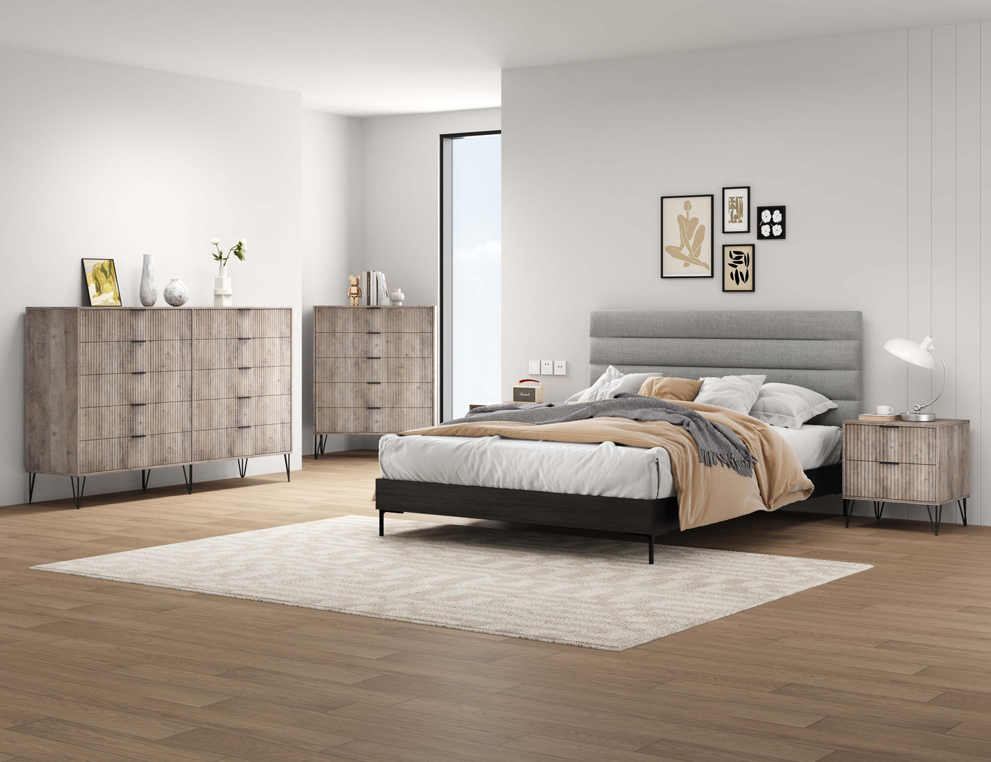Manhattan Comfort3-Piece DUMBO Modern 5-Drawer Tall Dresser, DUMBO Modern 10-Drawer Double Tall Dresser, and DUMBO Modern Nightstand 2.0 in Rustic Grey 3-DB08-GY