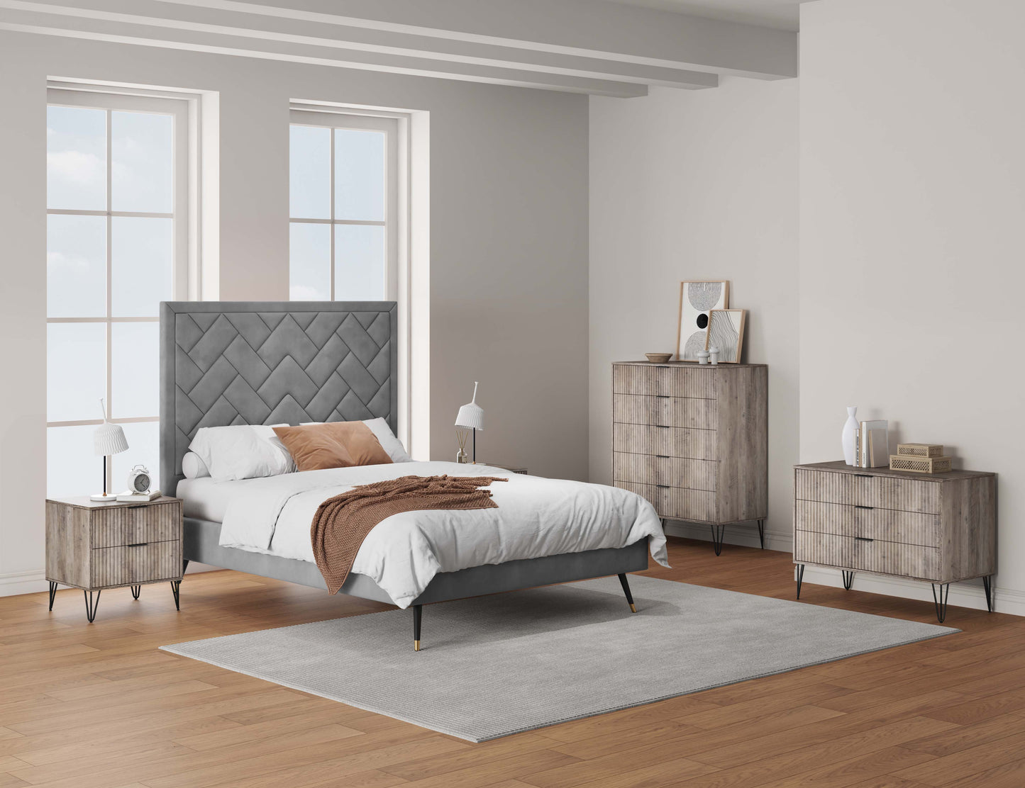 Manhattan Comfort3-Piece DUMBO Modern 5-Drawer Tall Dresser, DUMBO Modern 3-Drawer Standard Dresser, and DUMBO Modern Nightstand 2.0 in Rustic Grey 3-DB09-GY