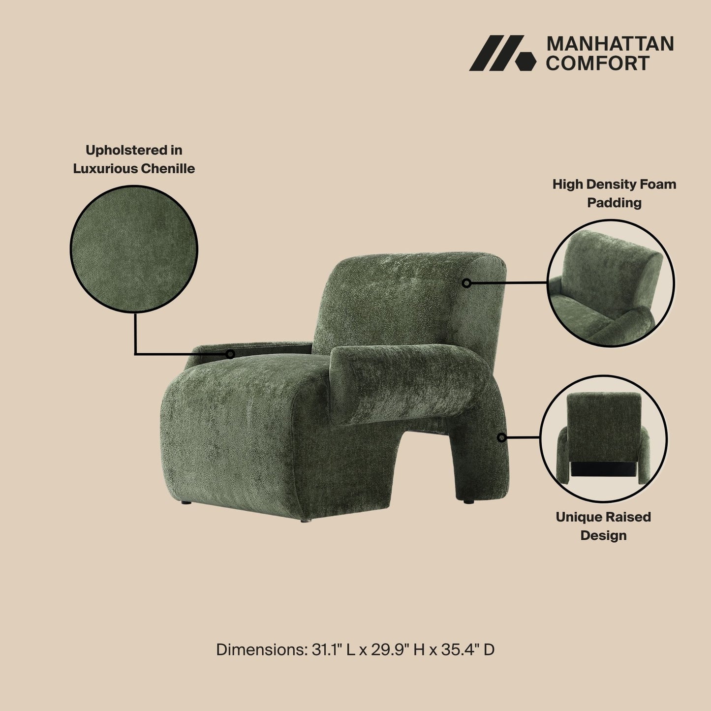 Verandah Mid-Century Modern 3-Piece Sofa Set in Olive Green 3-LSAC1769-OG