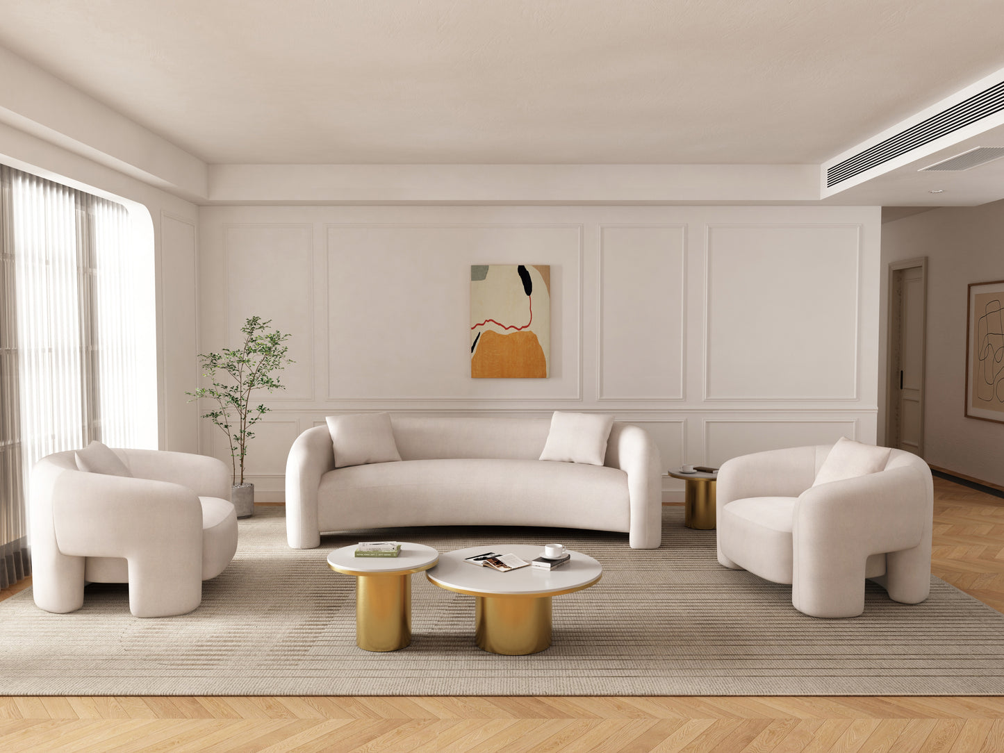 Sylvia Modern Glam 3-Piece Sofa Set in Ivory 3-SFAC1770-AN